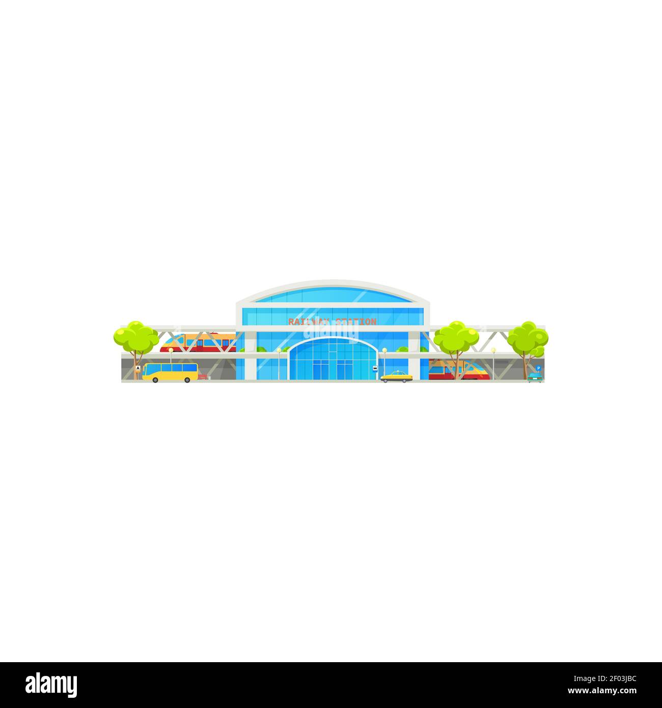 Bahnhof mockup isoliert Gebäude und Eisenbahnverkehr. Vector Fassade der U-Bahn mit Parkzone, Taxi-Autos und Bus, Lokomotive Zug. Stock Vektor