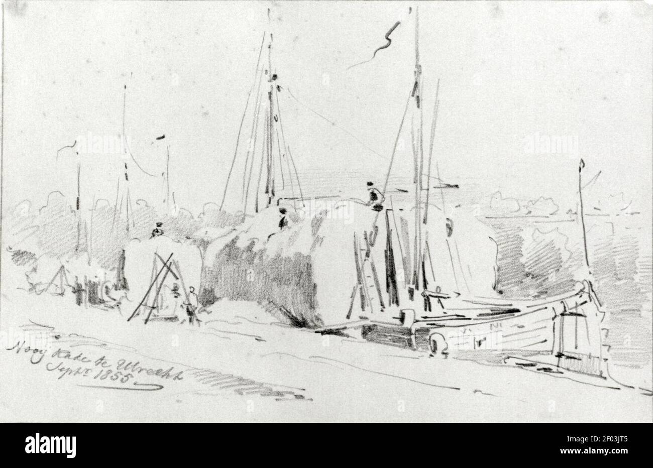 Pieter van Loon - Gezicht op enkele afgemeerde hooischuiten langes de Wittevrouwensingel te Utrecht. Stockfoto