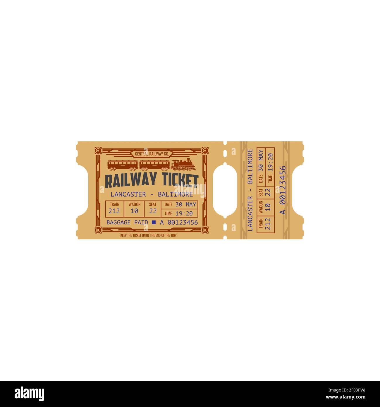 Bahnticket von Lancaster nach Baltimore mit isoliertem Mockup-Symbol für die Papierabreifung. Vector Central Railroad retro Ticket, vintage Pass auf Pub Stock Vektor