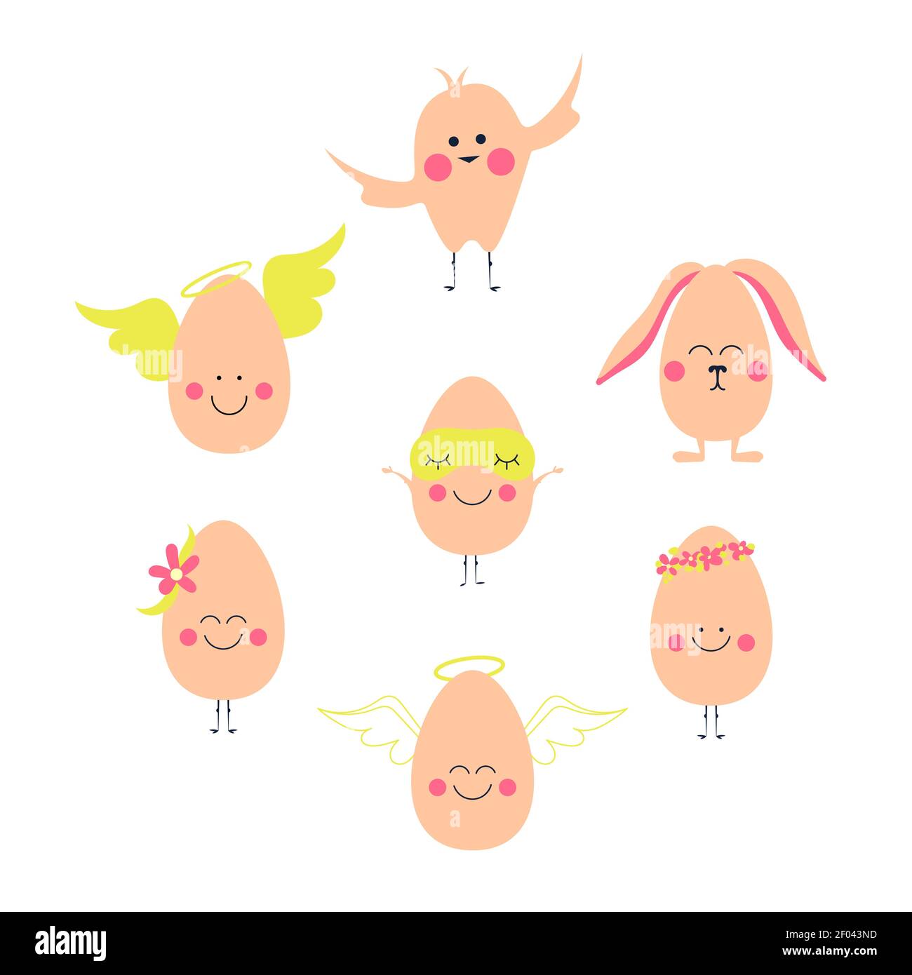 Ostereier Charaktere mit Emotionen. Eierengel, osterhase, Huhn Stock Vektor