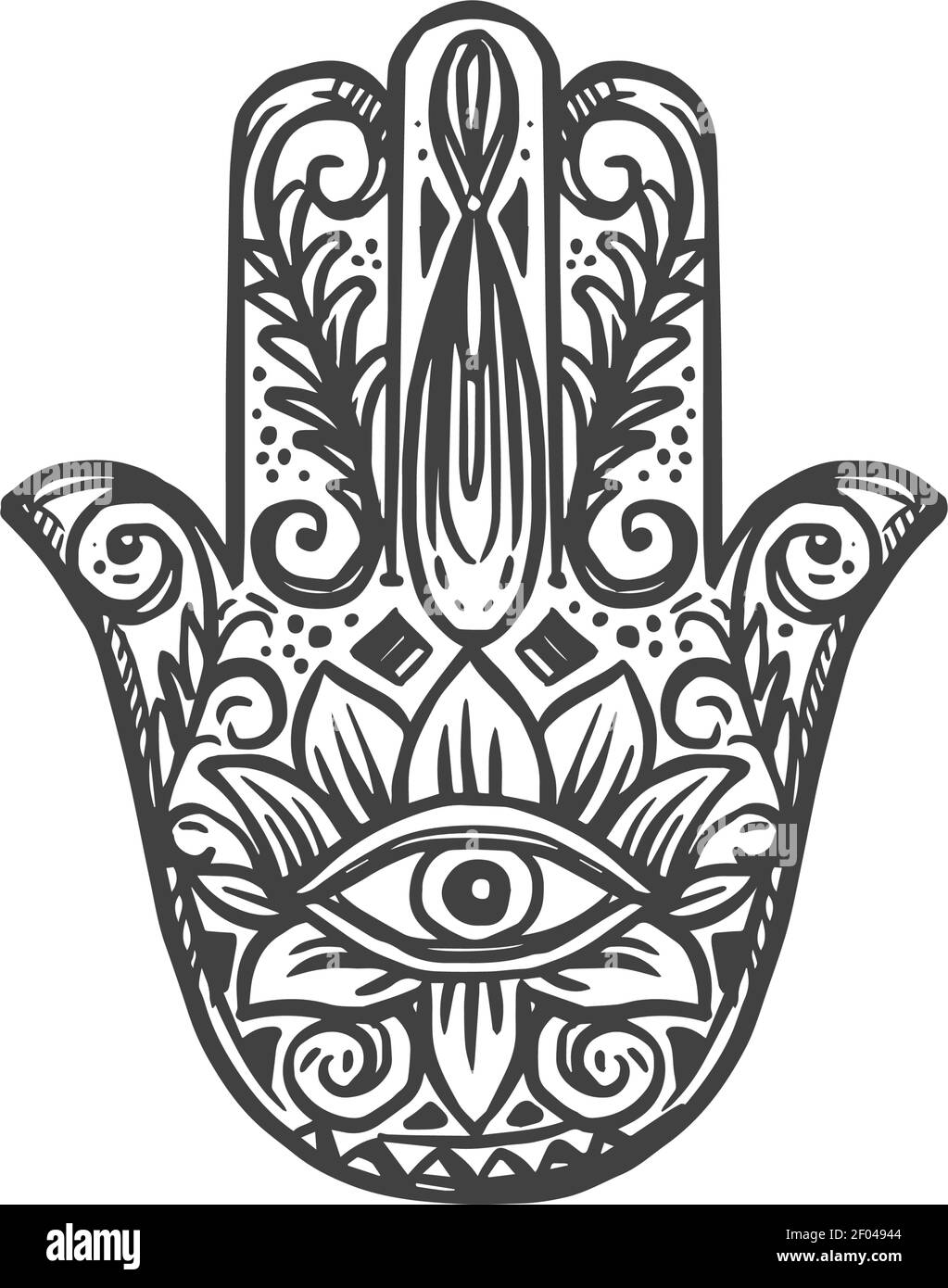 Hamsa Palmenform Amulett isolierte Hand von Fatima Skizze. Vektor Mary oder Mariam Göttin, jüdische Religion Stock Vektor