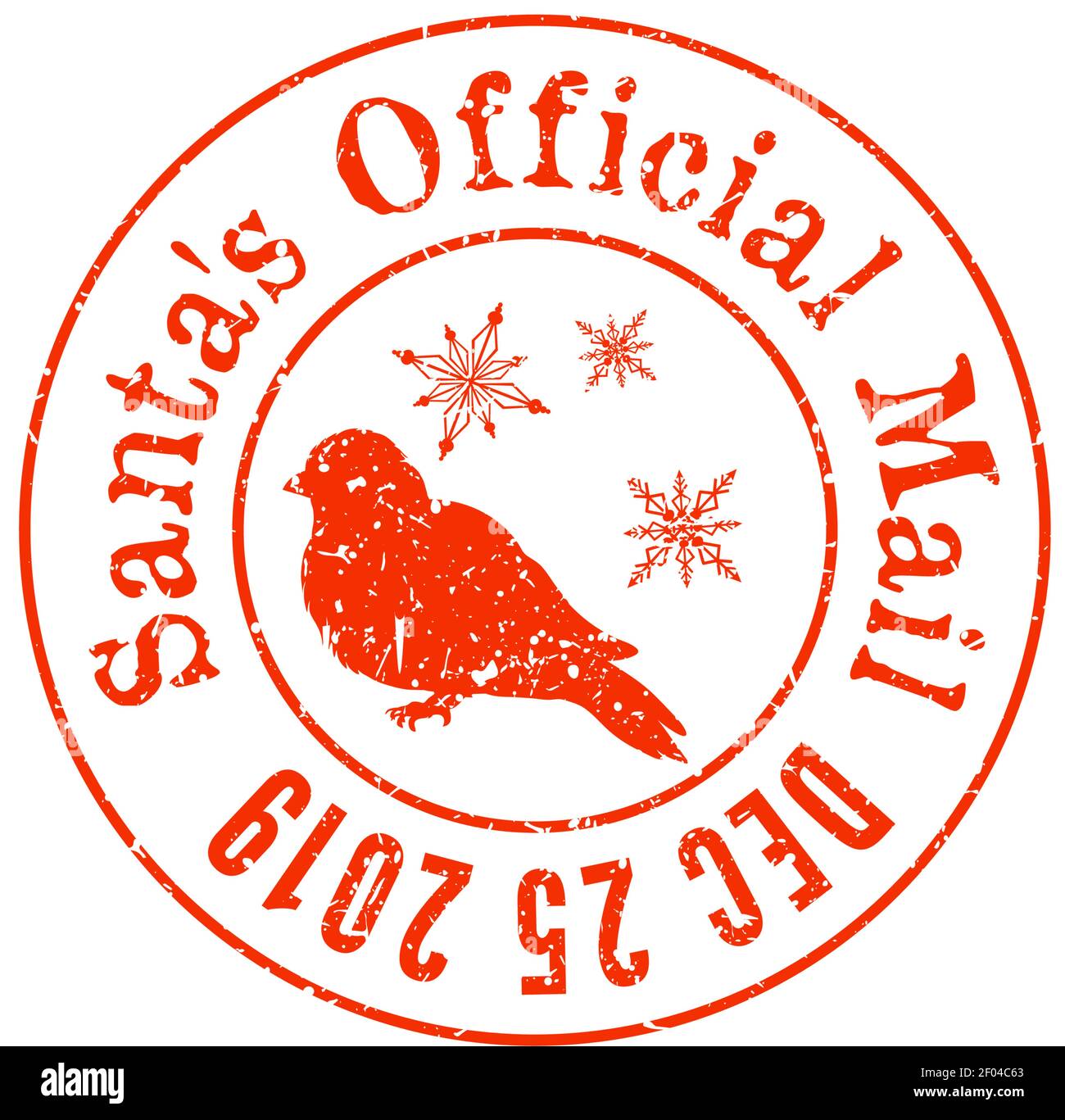 Santas offizielles Schild mit Vogel und Schneeflocken isoliert Runde Briefmarke. Vektor Grunge Weihnachten Pfosten Marke Stock Vektor