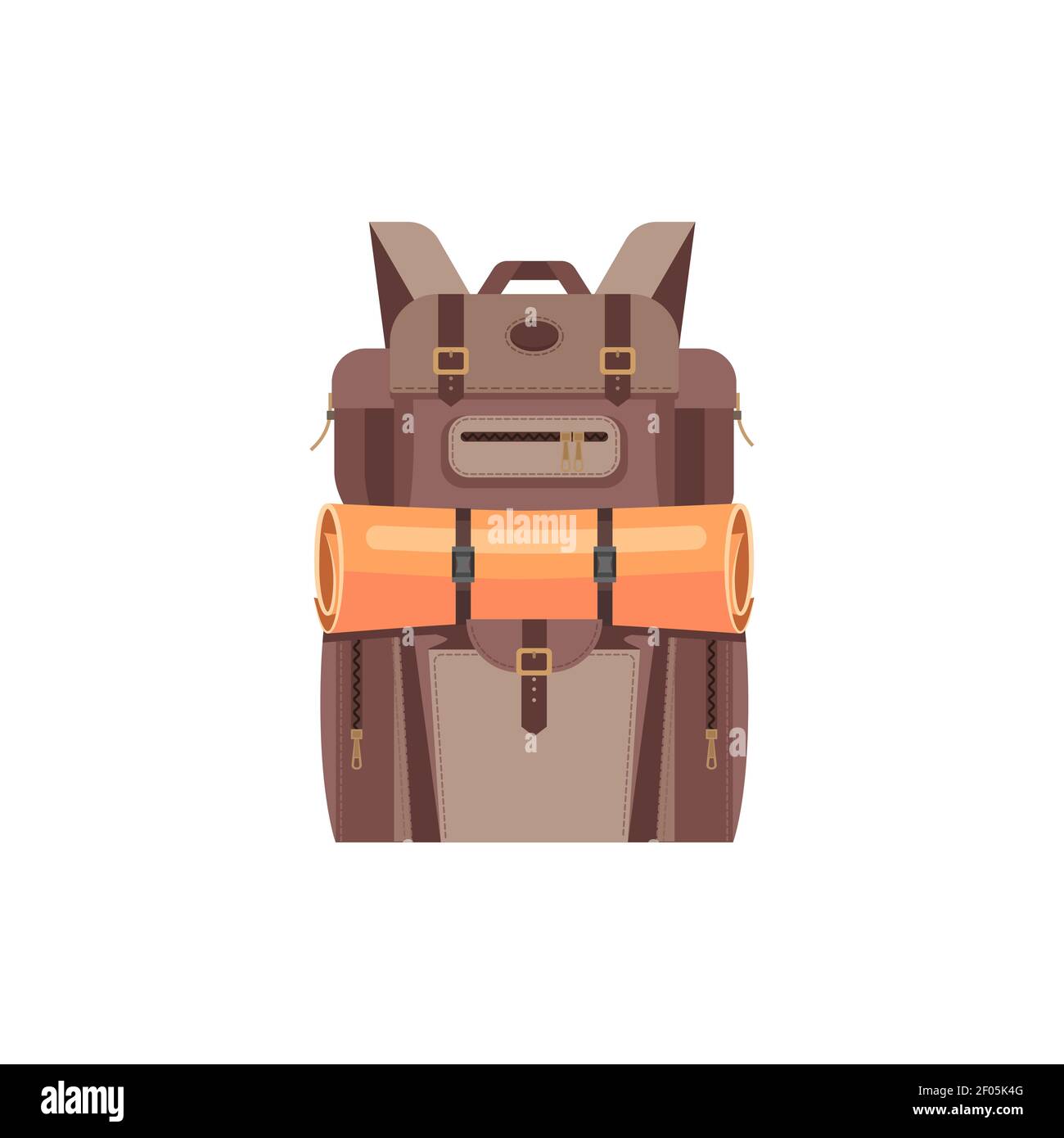 Brauner Campingrucksack mit Schlafmatte isoliert Symbol. Vector Reiserucksack, Reisetasche mit Wanderausrüstung. Haversack oder Rucksack, im Freien Stock Vektor