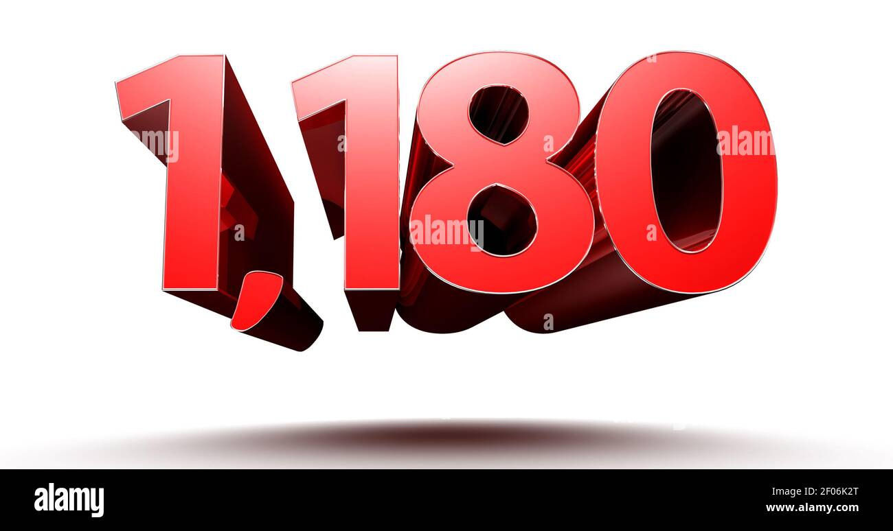 3D Abbildung Rote Zahl 1180 isoliert auf weißem Hintergrund mit Beschneidungspfad. Stockfoto