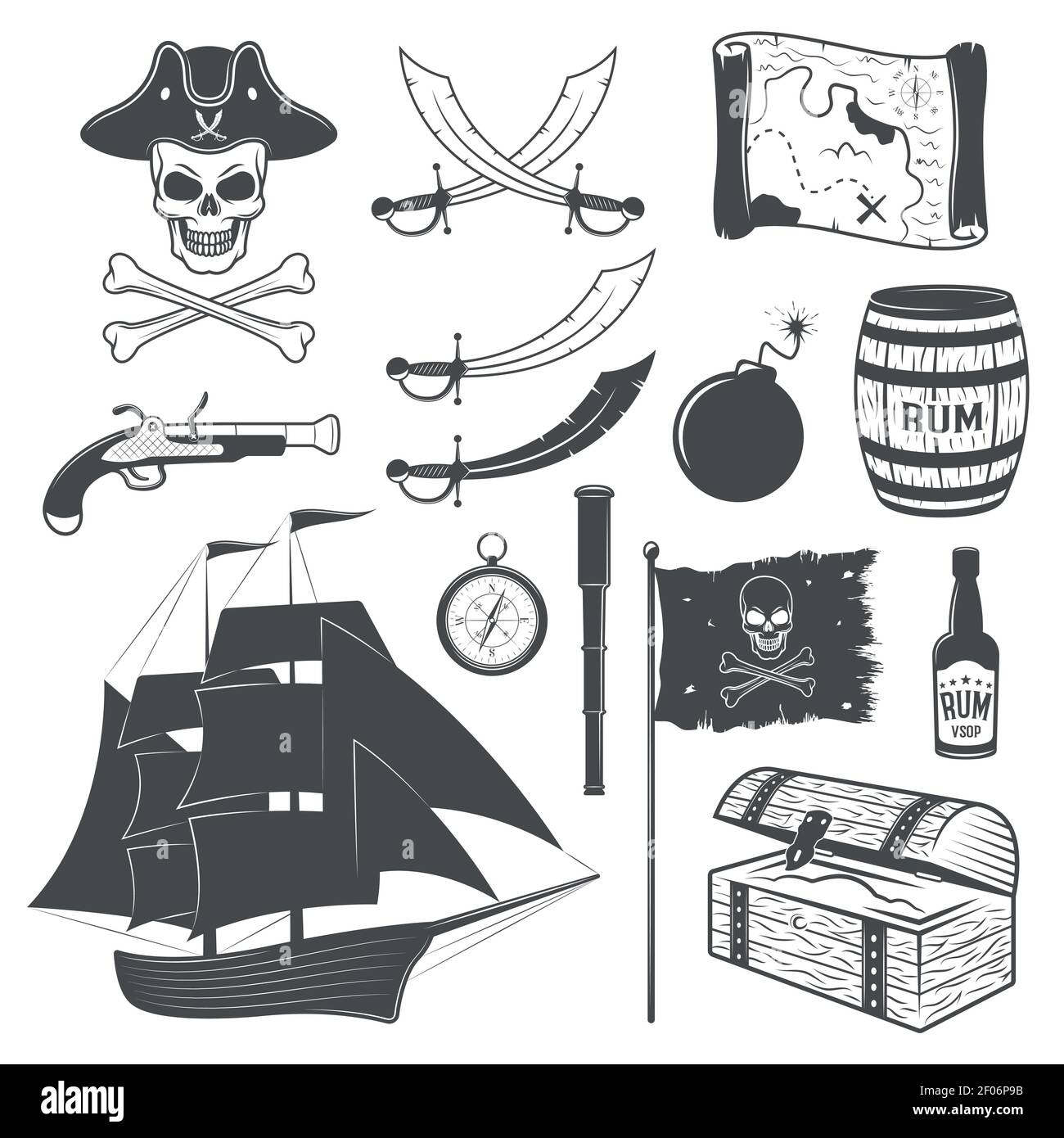 Piraten monochrome Elemente Set mit Segelboot Waffe Flagge Teleskop-Karte Rum Brust Kanone Ball isoliert Vektor-Illustration Stock Vektor