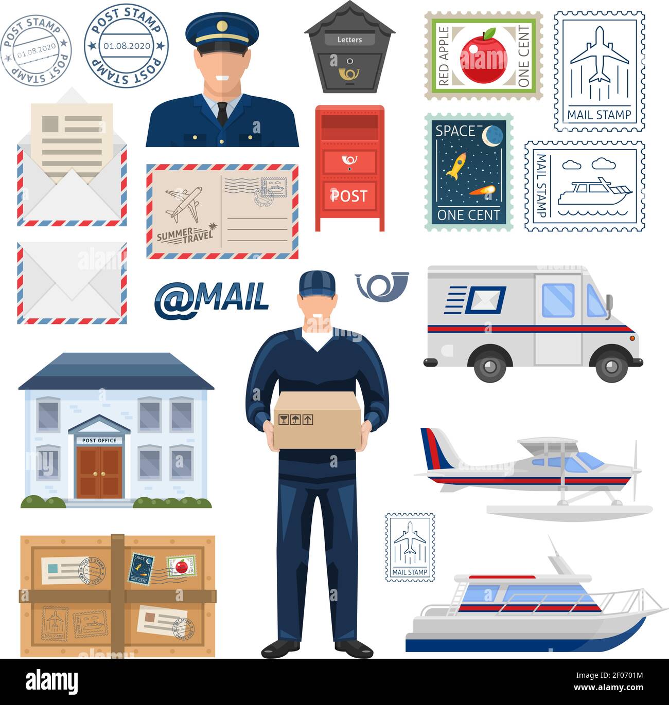 Postfiliale mit Mitarbeitern, die Impressum und Briefmarken bauen Transport Paket und Buchstaben isoliert Vektor-Illustration Stock Vektor