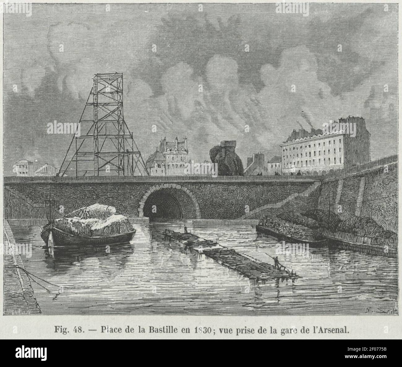 Place de la Bastille en 1830, vue pry de la gare de l'Arsenal. Stockfoto