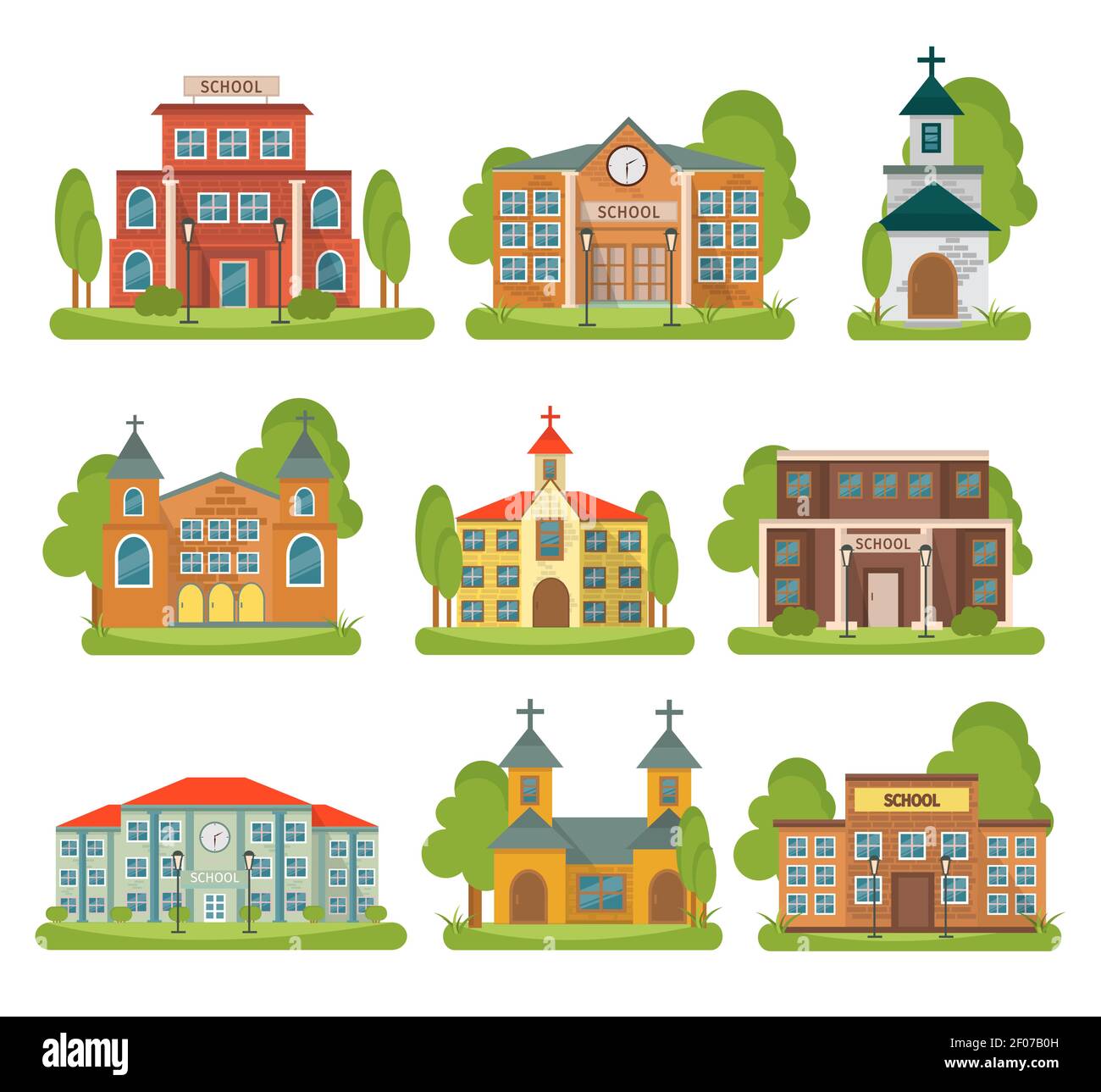 Isolierte und farbige Gebäude Schule Kirche Ikone mit verschiedenen gesetzt Arten und Zwecke für Gebäude Vektordarstellung Stock Vektor
