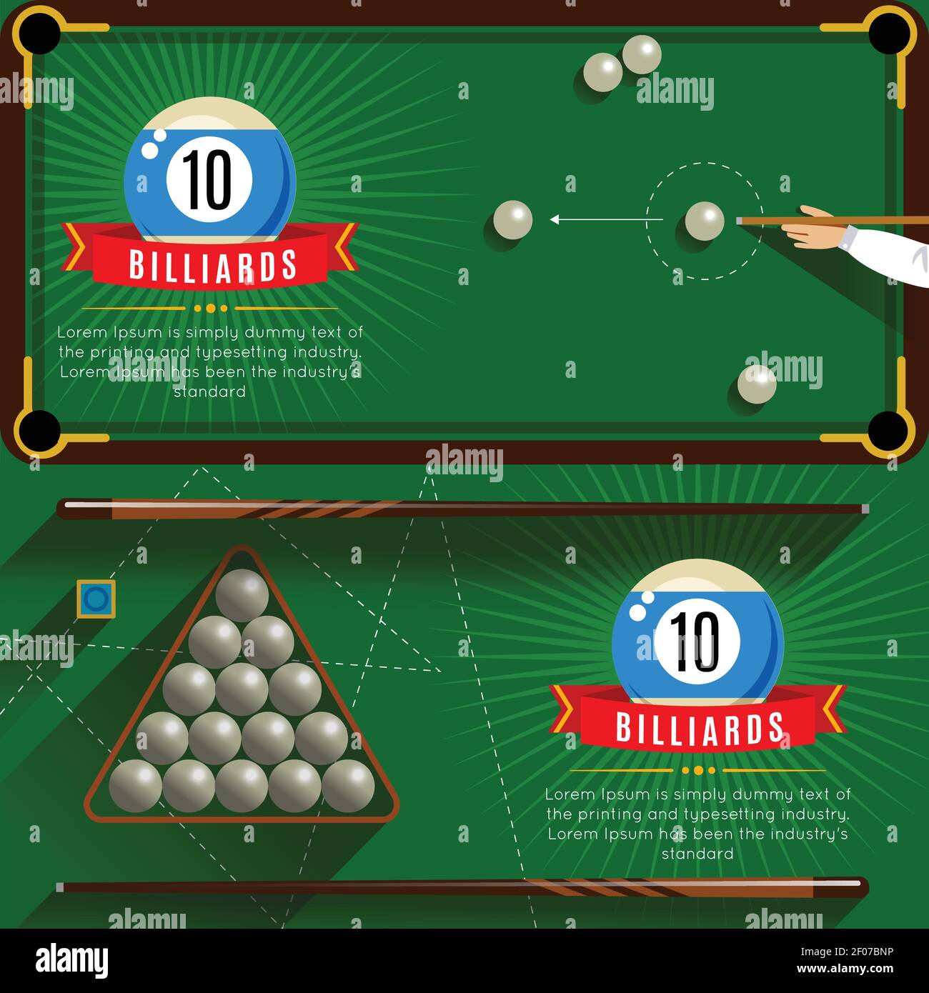 Zwei horizontale Spiel Billard realistische Kompositionen mit roten Bändern und 3D Pool Spiel Vektor Illustration Stock Vektor