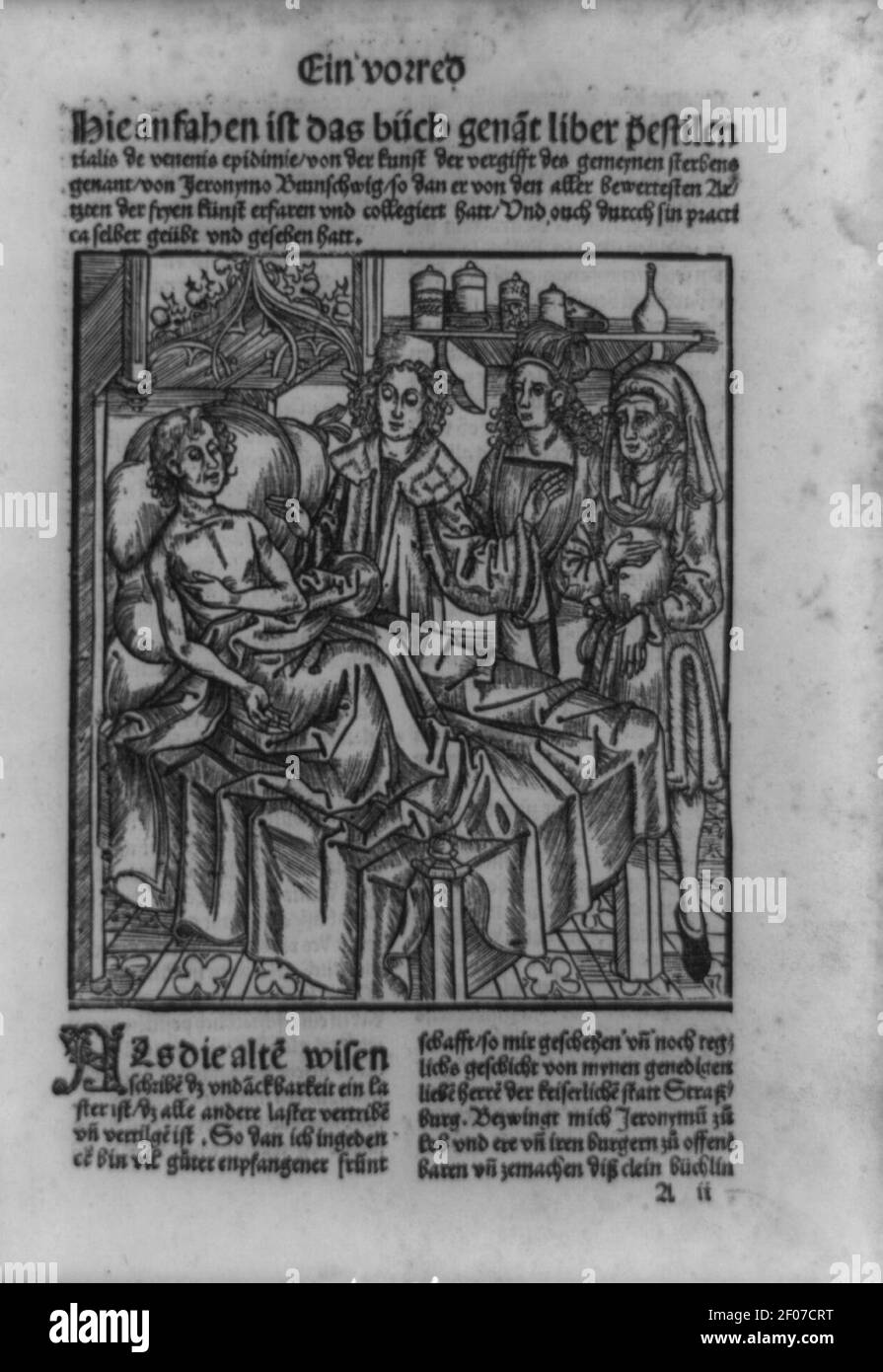 Pest Opfer im Bett hin zu drei Ärzte der Seegang oder Kochen unter der Achsel Stockfoto