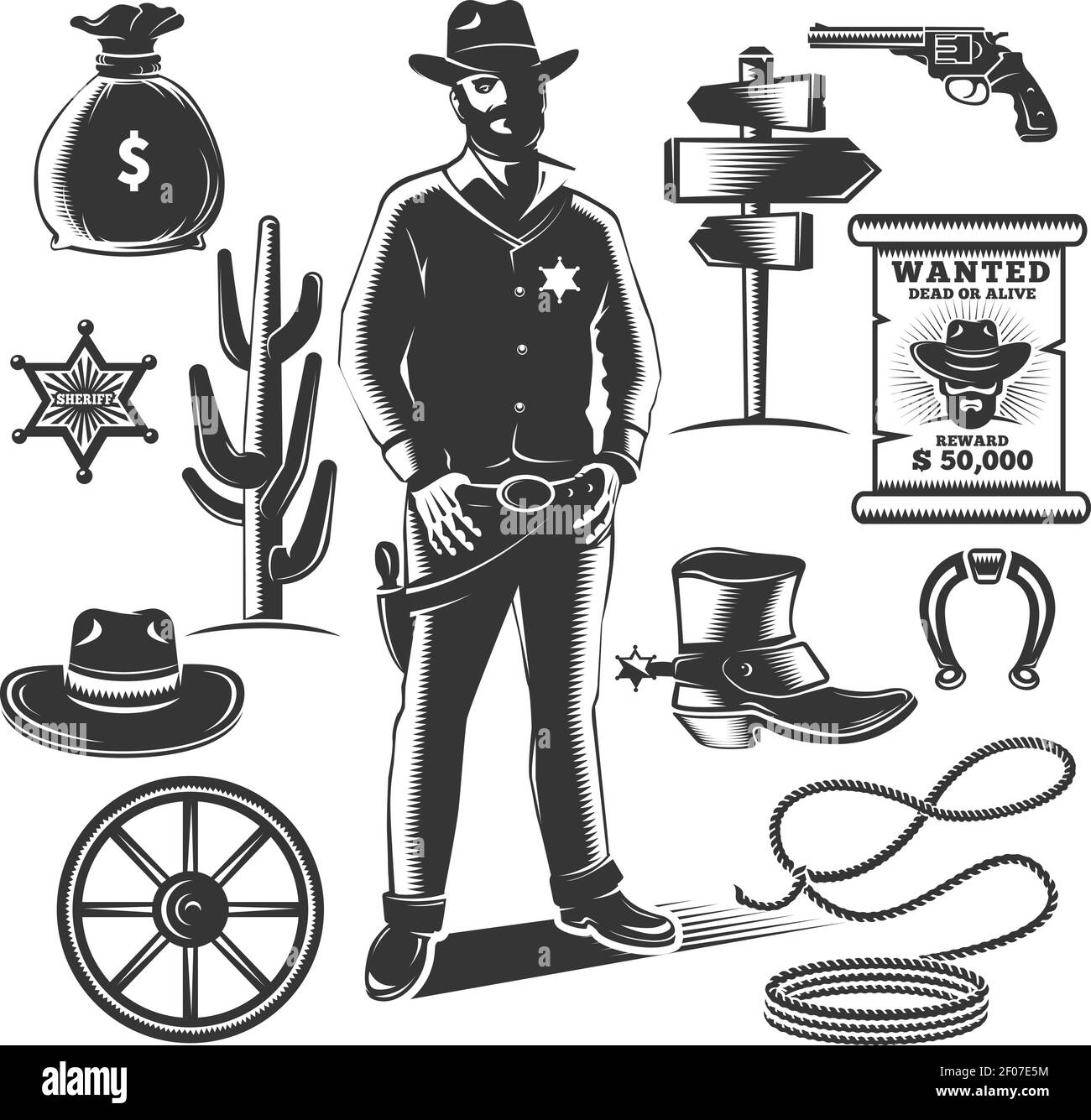 Sheriff Icon Set mit schwarzen isolierten Elementen von Cowboys und Sheriffs Ausrüstung Vektor-Illustration Stock Vektor