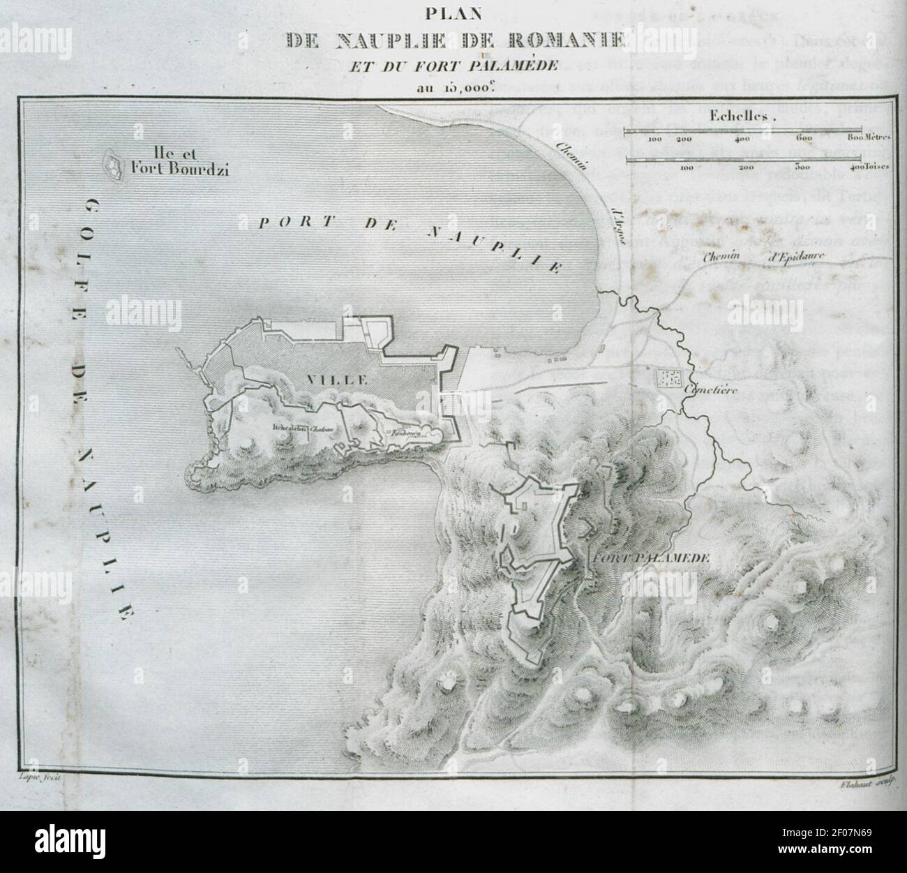 Plan de Nauplie de Romanie et du fort Palamède - Pouqueville François Charles Hugues Laurent - 1826. Stockfoto