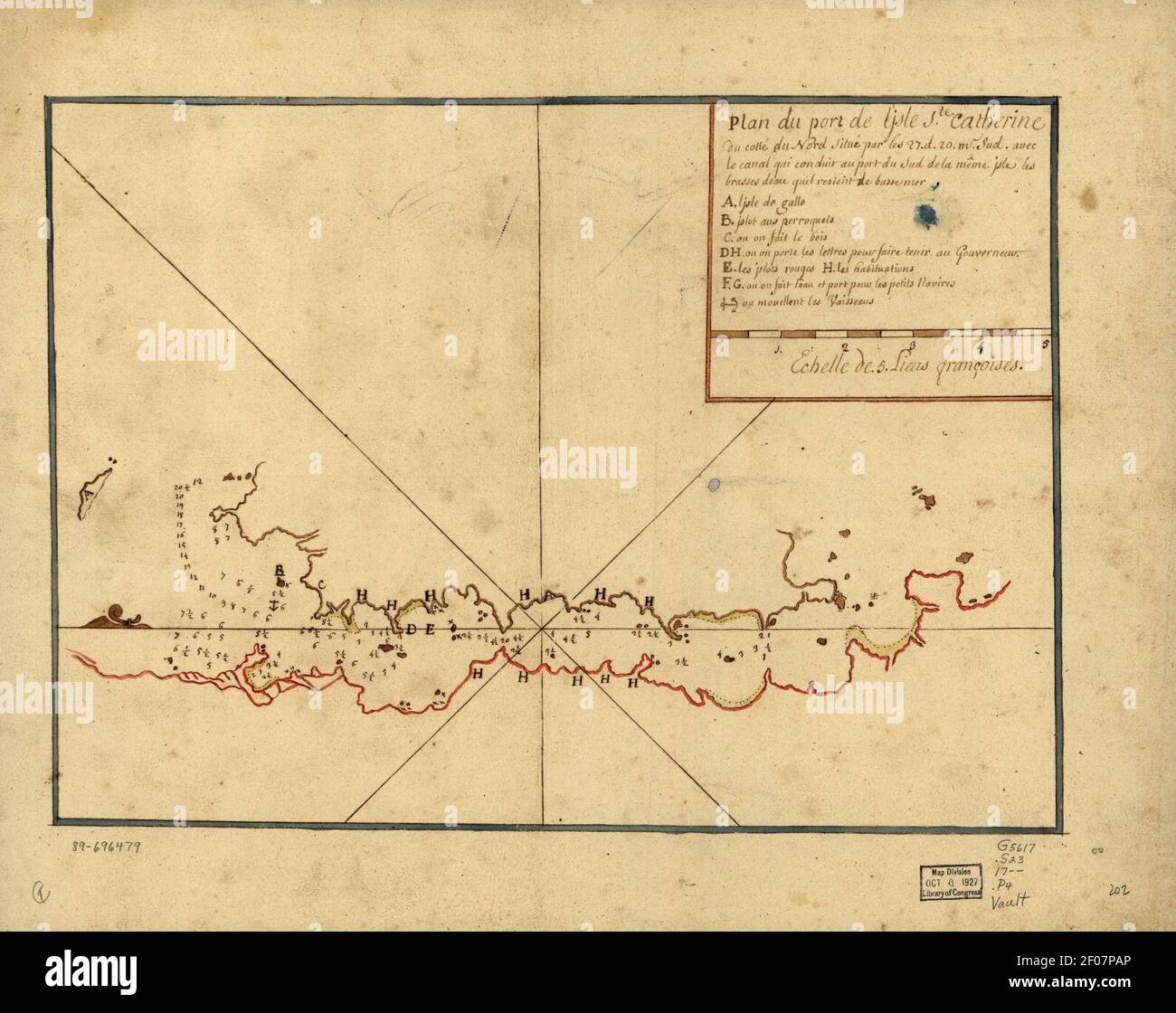 Plan de Port de l'Isle Ste. Catherine du cotté du nord situé par les 27. d. 20. m. sud avec le Canal qui conduit au Port du sud de la même isle les brasses deau quil resteirt de basse mer. Stockfoto