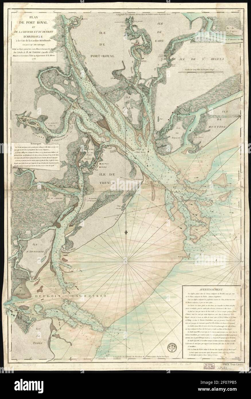 Plan de Port Royal et de la Rivière et du détroit d'Awfoskée à la Côte de la Caroline méridionale. Stockfoto