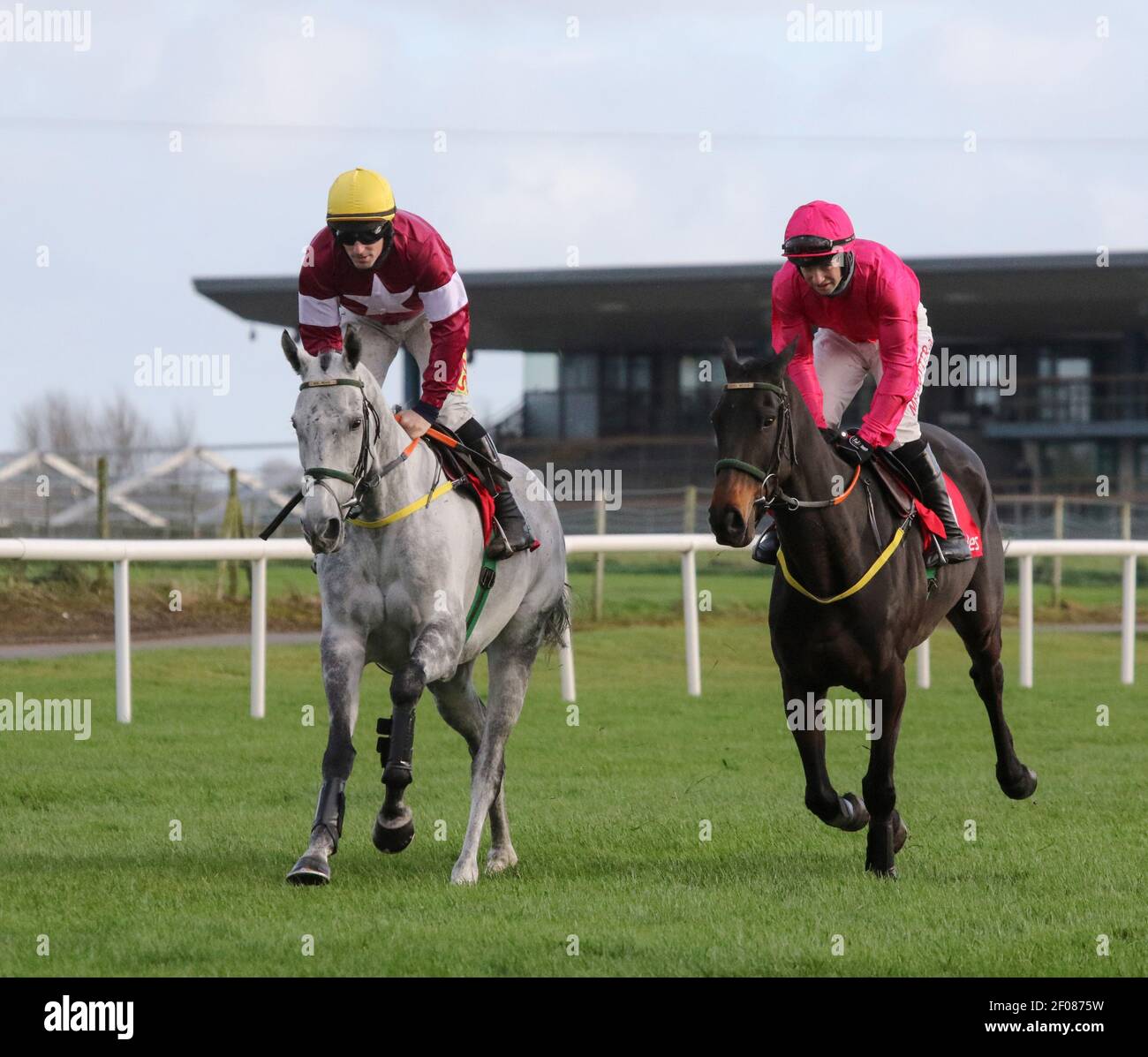 Pferderennen Großbritannien und Irland.Down Royal Racecourse, Lisburn, Nordirland. 31. Oktober 2020. Nationales Jagdtreffen. Das Ladbrokes Festival of Racing (Tag 2) Feature-Rennen war der Ladbrokes Champion Chase (Klasse 1) mit €75.000 für den Sieger und hielt hinter verschlossenen Türen. Rennpferd Snow Falcon (auf der Außenseite) von Jonathan Moore und trainiert von Noel Meade mit Tout Est Permis von Sean Flanagan und trainiert von Noel Meade (auf der Innenseite). Zwei Noel Meade trainierte Pferde.. Stockfoto