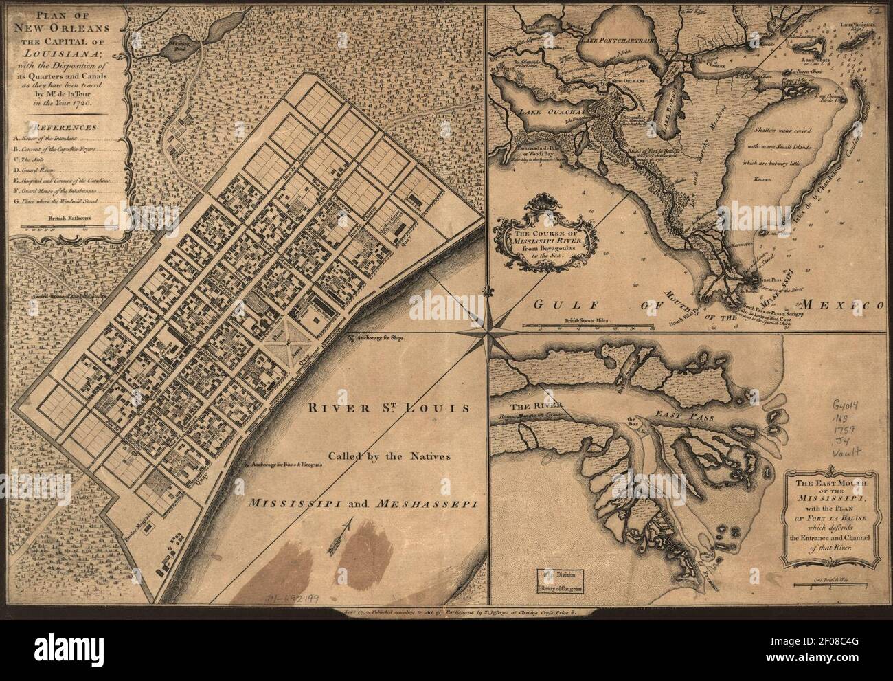 Plan von New Orleans die Hauptstadt von Louisiana; mit der Disposition der Quartale und Kanäle, wie sie von Herrn De La Tour im Jahr 1720 verfolgt worden. Stockfoto