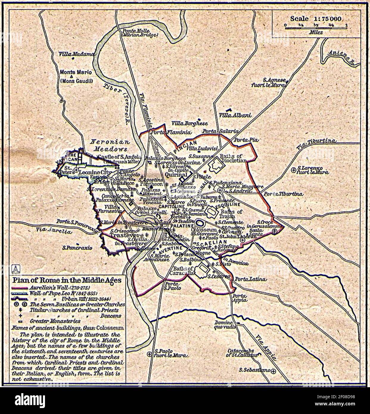 Plan von Rom im Mittelalter - Historischer Atlas von William R. Shepherd, 1923. Stockfoto