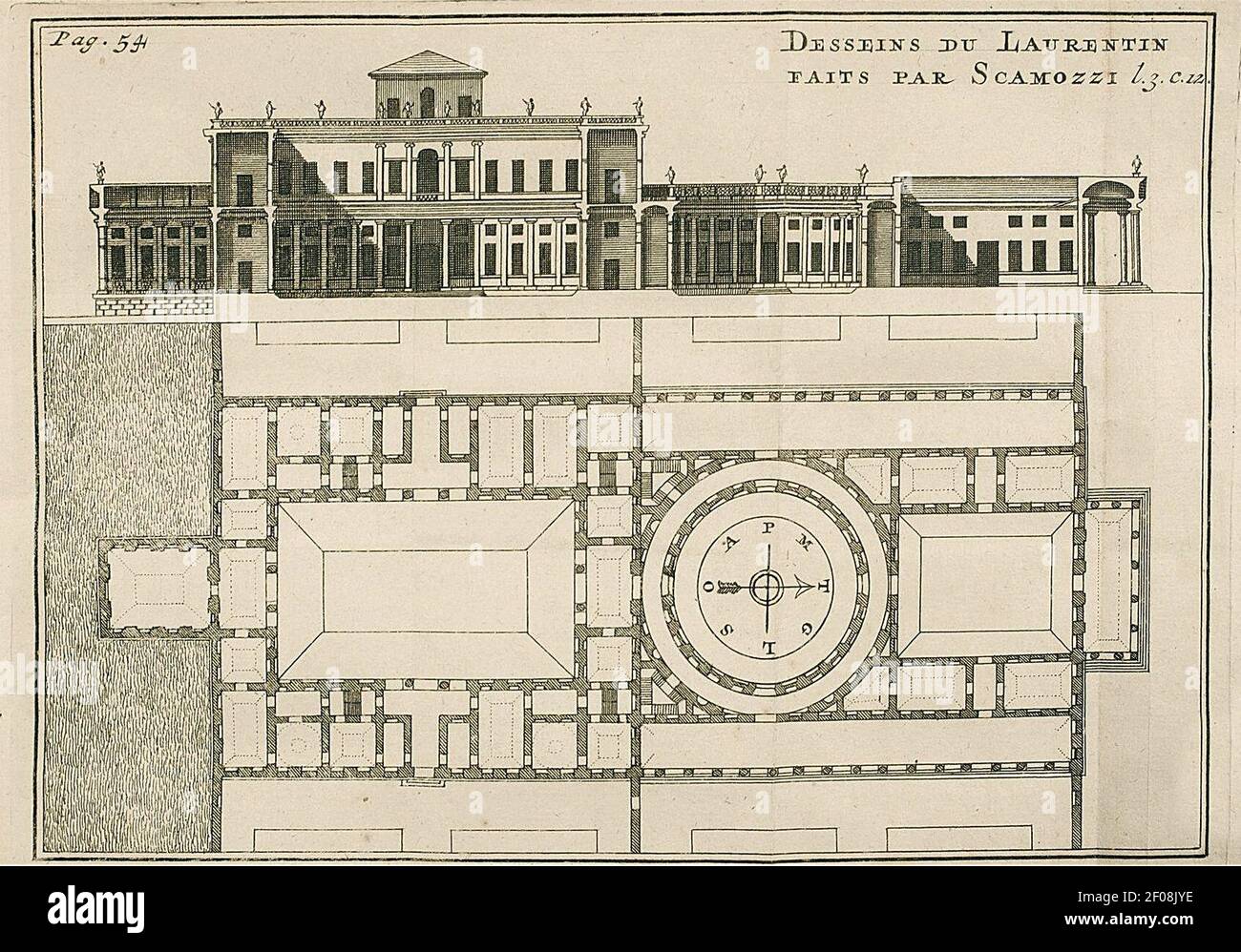 Plan der Laurentian Villa, Félibien, André, sieur des Avaux et de Javersy, 1706, Scamozzi, Vincenzo, der New York Botanical Garden, Fair Use. Stockfoto