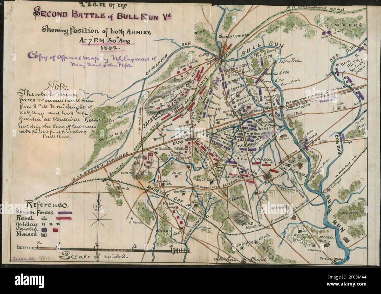 Plan der zweiten Schlacht von Bull Run VA. Zeigt Position beider Armeen um 7 Uhr 30th August 1862. Stockfoto