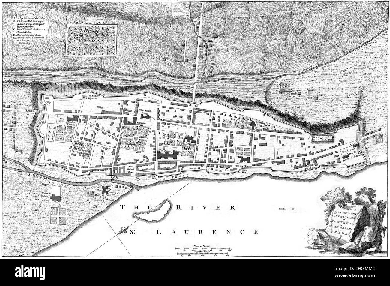 Plan der Stadt und Befestigungsanlagen von Montreal oder Ville Marie in Kanada. Stockfoto