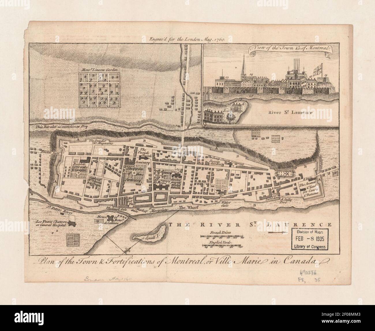 Plan der Stadt & Befestigungsanlagen von Montreal, oder Ville Marie in Kanada Stockfoto