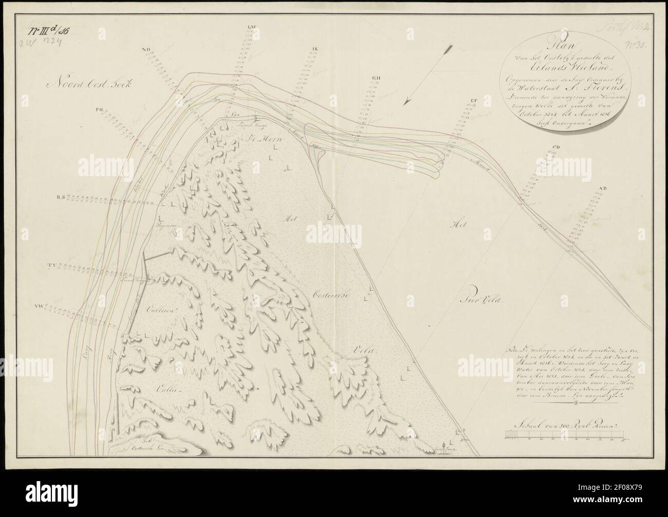 Plan van het oostelijk gedeelte des eilands Vlieland Ter aanwijzing der veranderingen welke dit gedeelte van oct,1814 tot 1816 heeft ondergaan. Achterop een Staat van gehouden grondpeilingen, Stockfoto