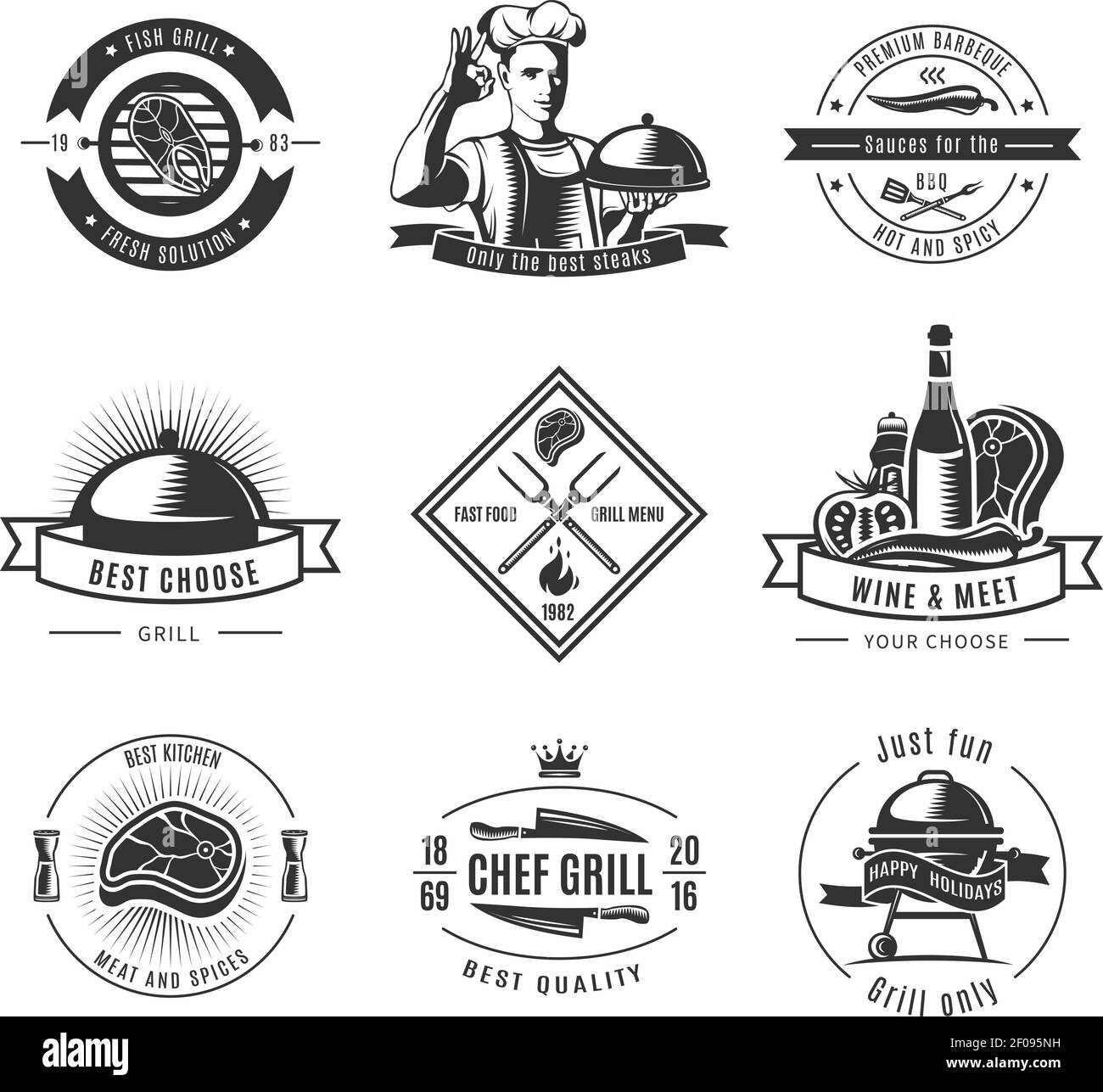 BBQ vintage Label Set mit Fisch Grill frische Lösungen nur Beste Steaks und ext Beschreibungen Vektor-Illustration Stock Vektor