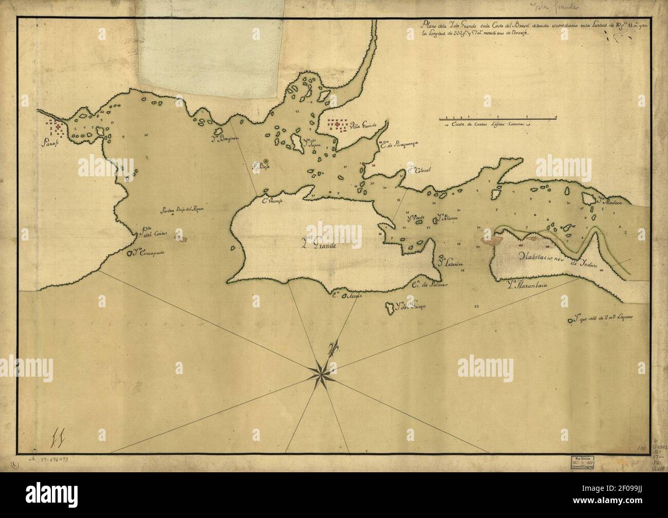 Plano de la Isla Grande en la costa del Brasil situada su mediania en la latitud de 23 gs. 11 ms. Y en la longitud de 332 gs. Y 57 ms., meridiano de Tenerife. Stockfoto