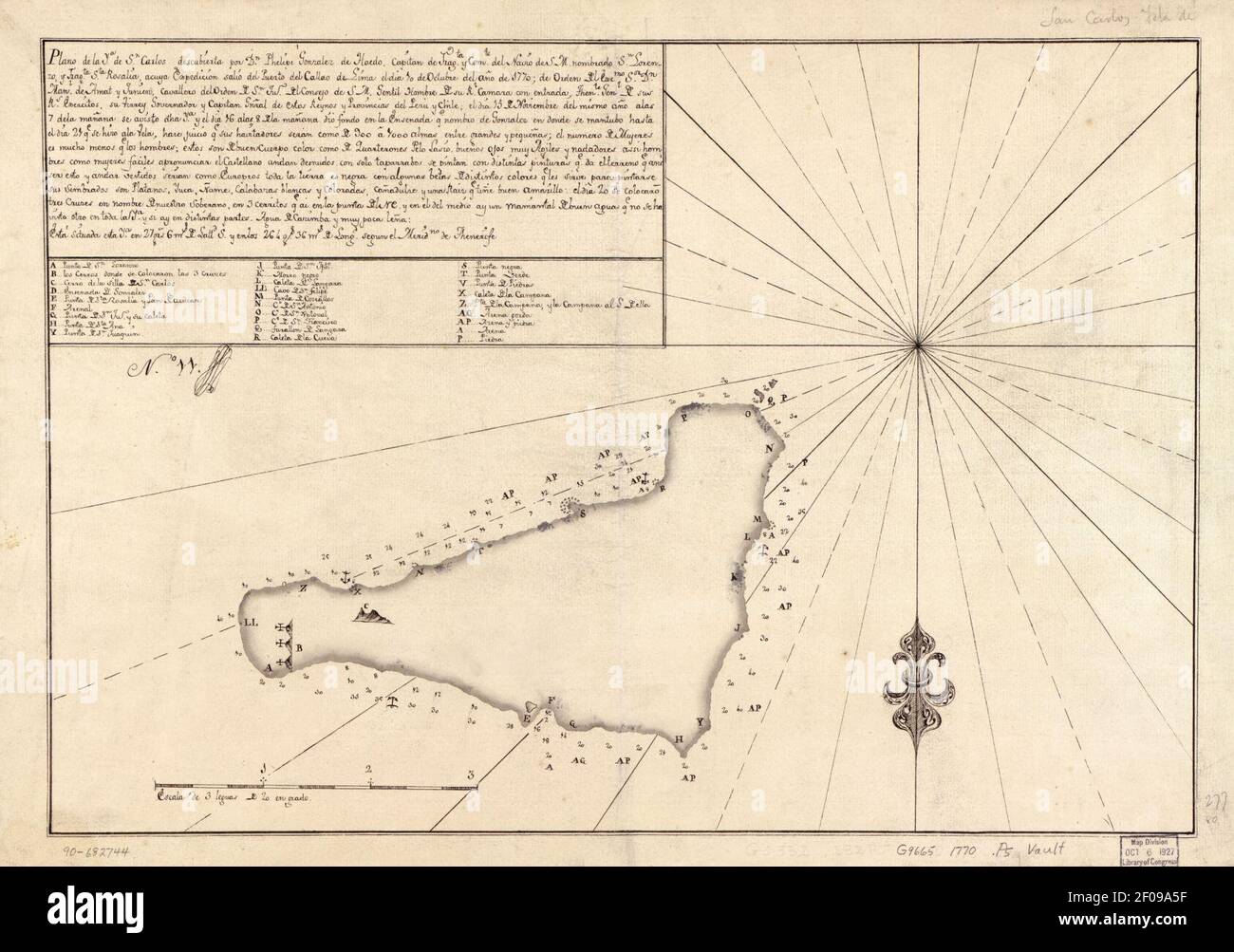 Plano de la Ya. De Sn. Carlos descubierta por DN. Phelipe Gonzalez de Haedo, Capitan de Fragta. Y Comte. Del Navio. De S.M. nombrado Sn. Lorenzo y Frgta. Sta. Rosalia, acuya expedición salio del Stockfoto