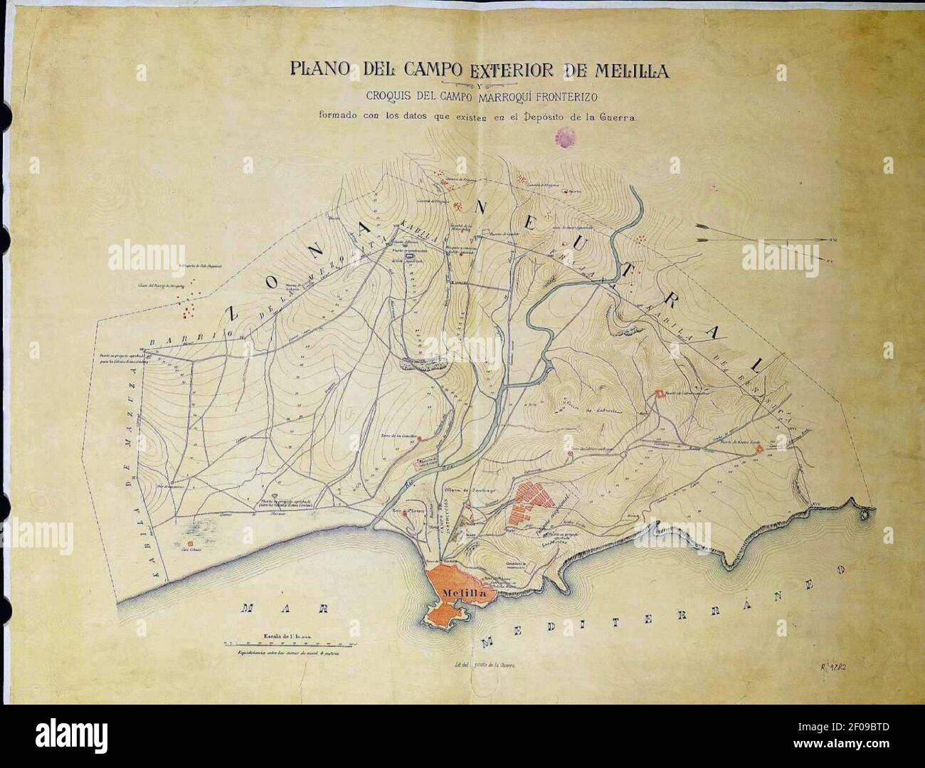 Plano del Campo Exterior de Melilla y croquis del campo marroquí fronterizo. Stockfoto