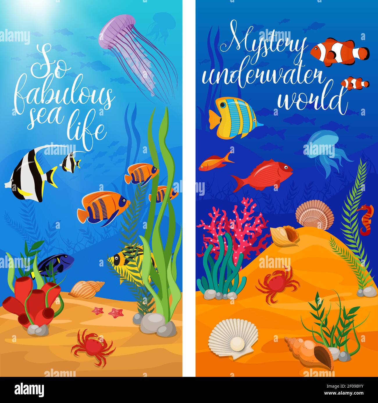 Zwei vertikale Sea Life Tiere Pflanzen Banner-Set mit Fisch Und Titel Vektordarstellung Stock Vektor
