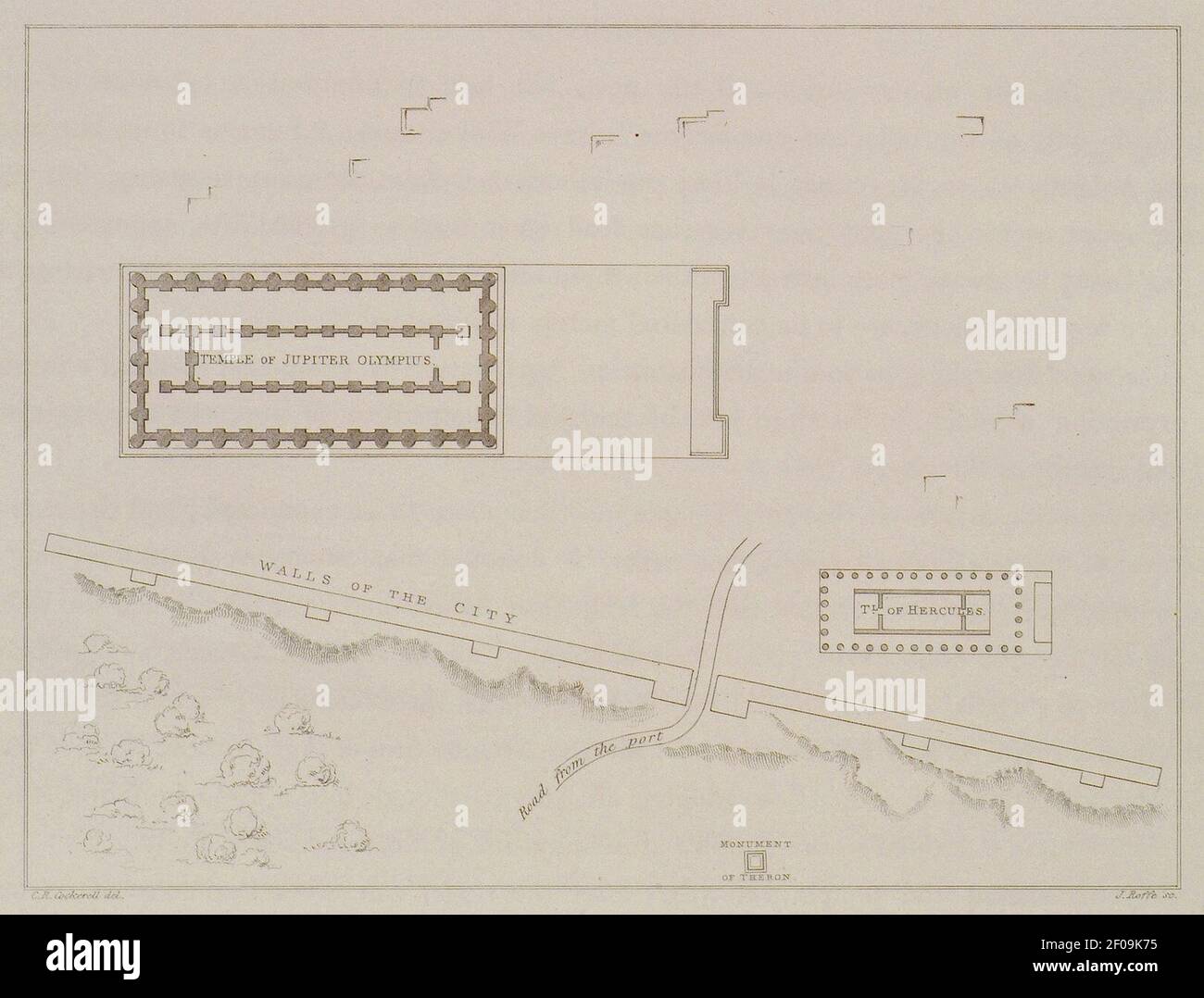 Pläne der Tempel von Zeus und Herakles in Agrigento, Sizilien Lageplan - Cockerell Charles Robert Kinnard William Donaldsonthomas Leverton Jenkins William Railton William - 1830. Stockfoto