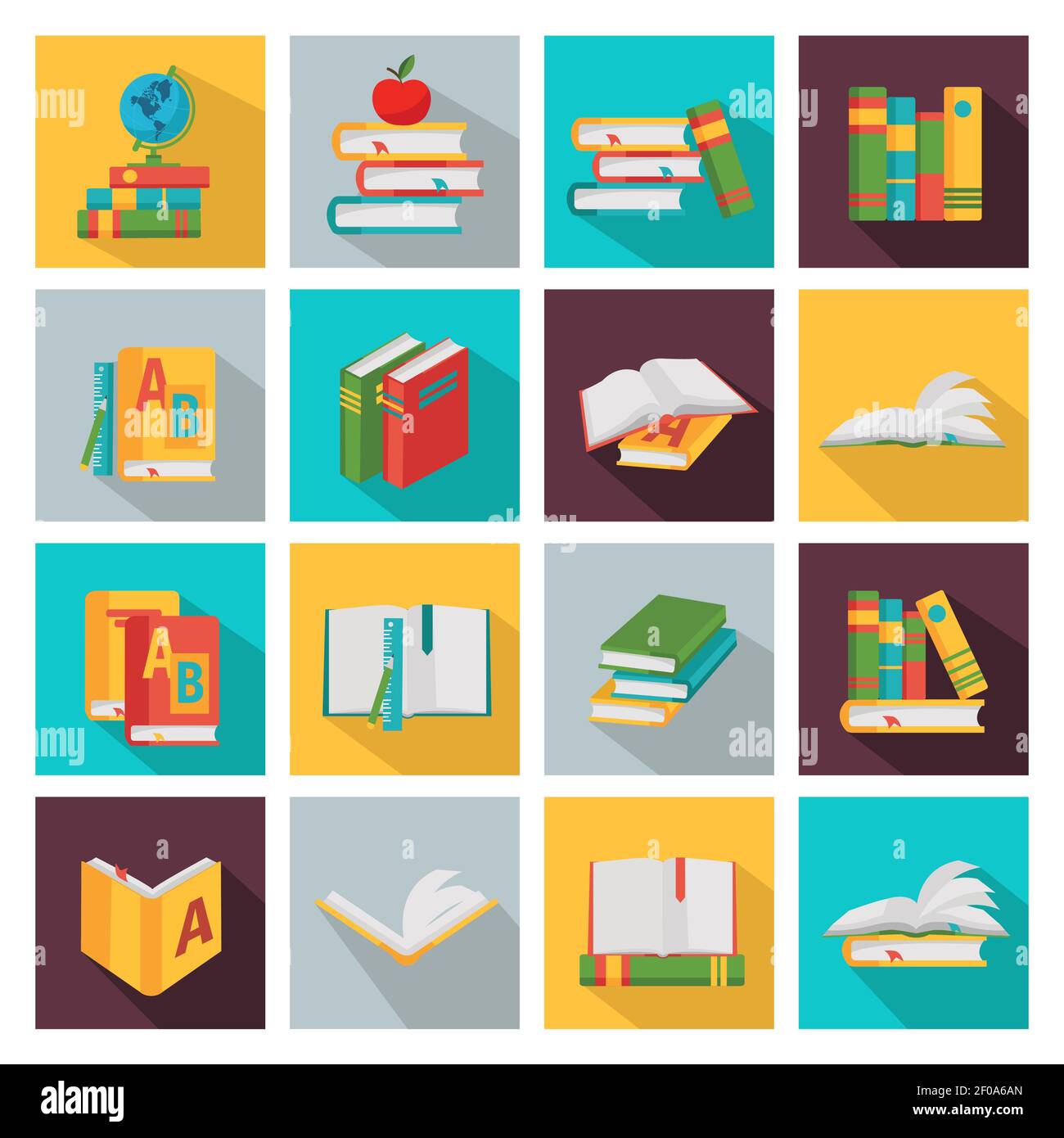 Schulbücher Quadrat Symbol mit verschiedenen Arten Themen und gesetzt Farben auf farbigen Hintergrund Vektorgrafik Stock Vektor