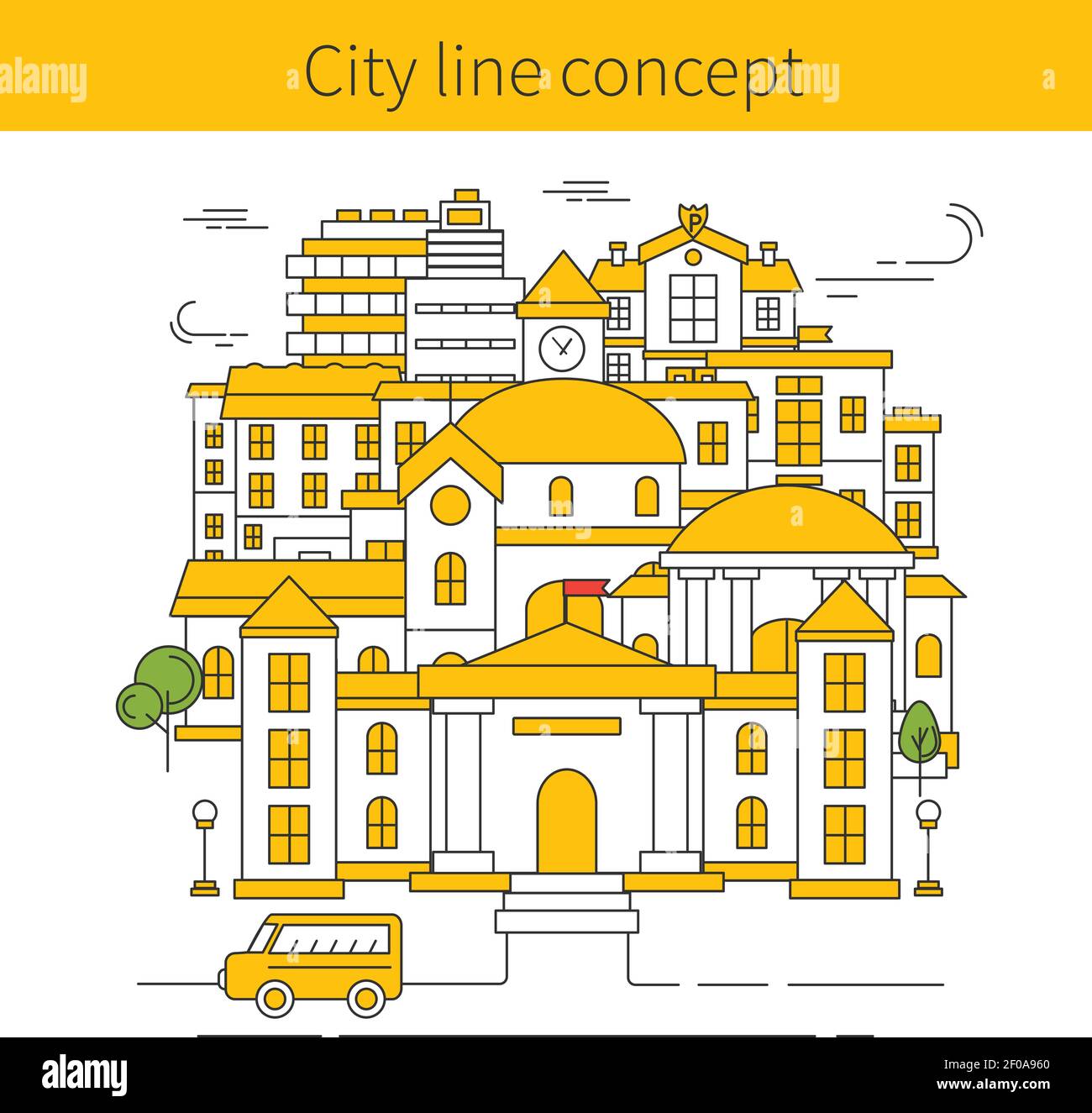 Building Line Konzept mit Stadt in den Farbtönen Gelb und Headline City Line Konzept Vektor-Illustration Stock Vektor