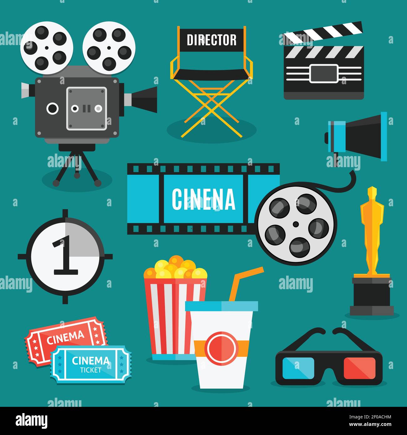 Cinema Icon Set mit Ausrüstung für Filme Auszeichnungen und Filmen Zubehör zum Betrachten von Filmen Vektorgrafik Stock Vektor