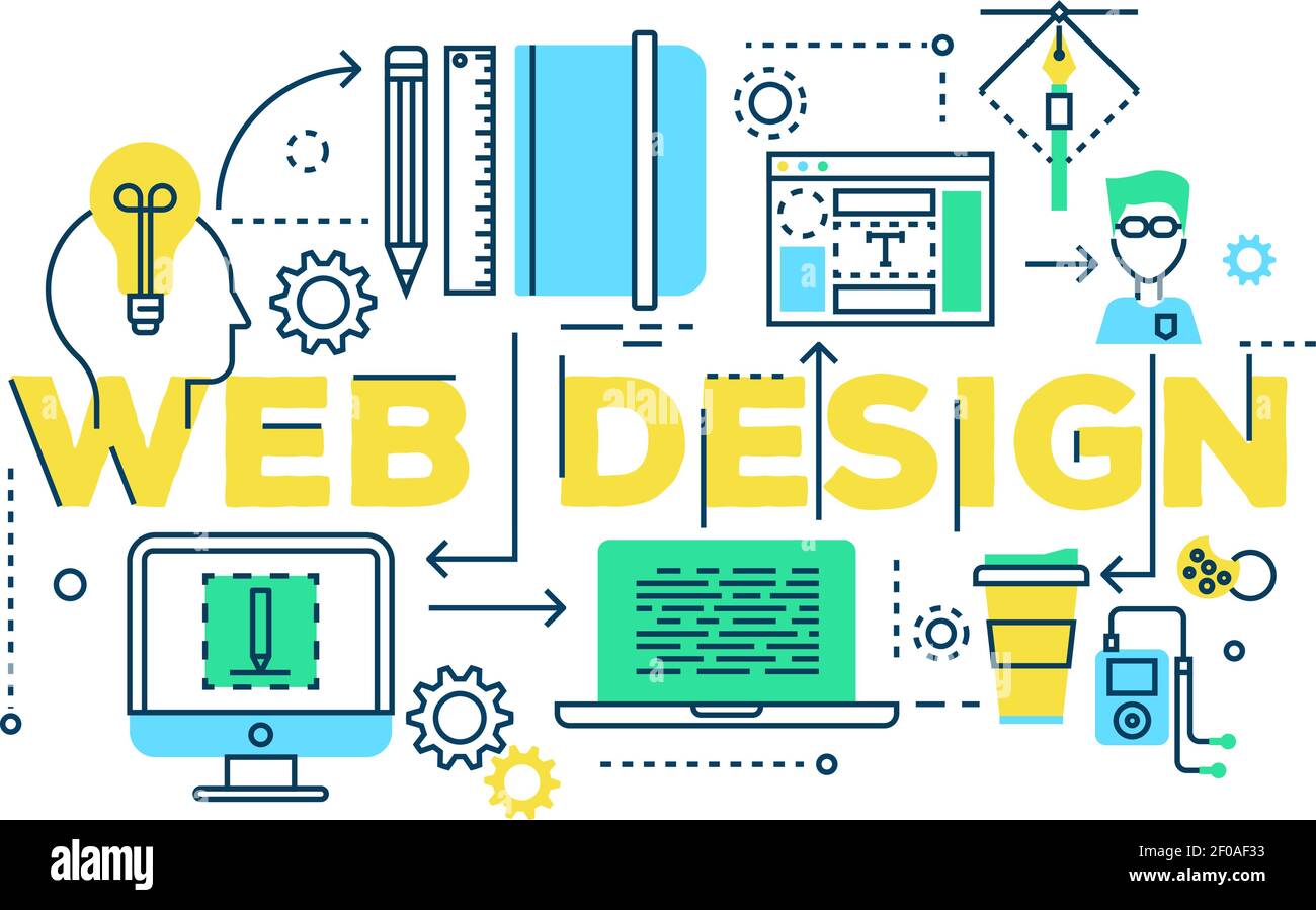 Web-Design Arbeitsprozess von kreativen Idee Skizze zu Programmierung Dekoration auf weißem Hintergrund Vektor-Illustration Stock Vektor