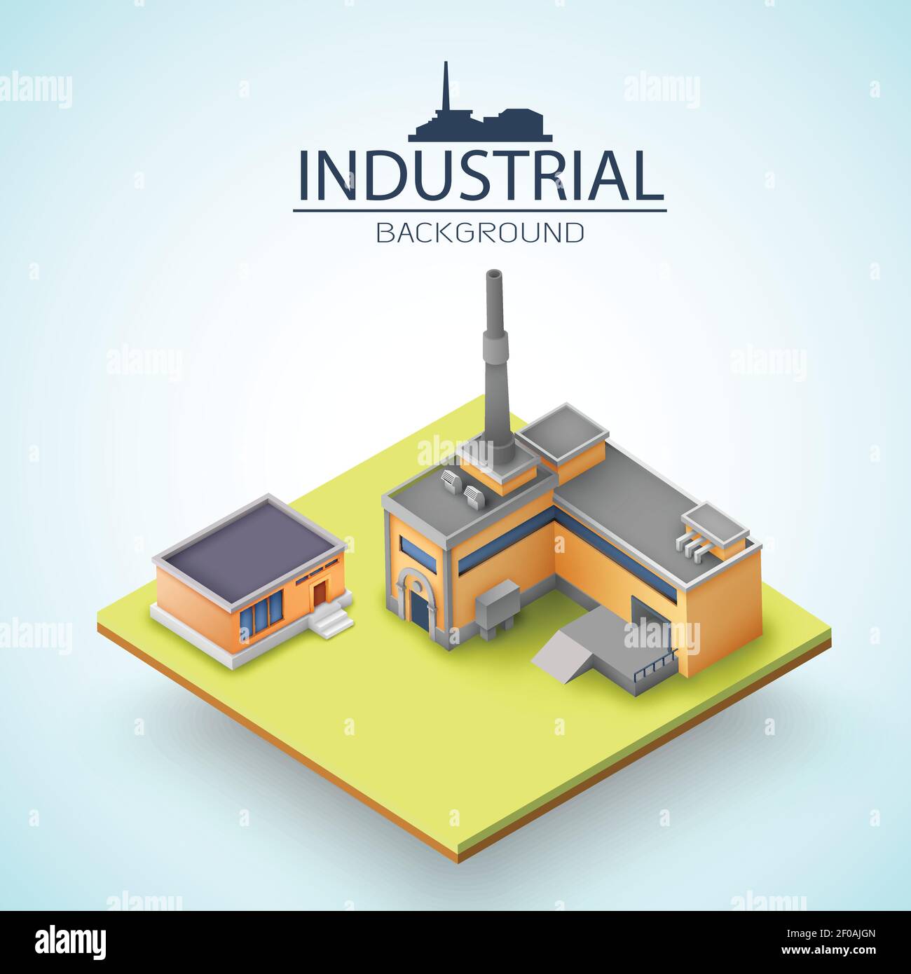 Herstellung von Gebäuden mit grauen Dächern an der gelben Plattform und Silhouette Der Fabrik auf hellen Hintergrund Vektorgrafik Stock Vektor