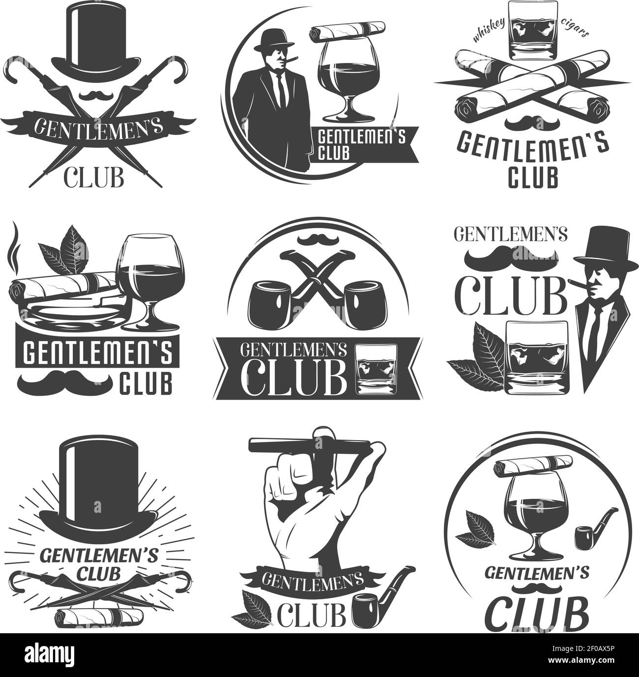 Herren Club Label Set mit Beschreibungen von Club für Männer Whiskey Zigarren und entspannen Vektor Illustration Stock Vektor