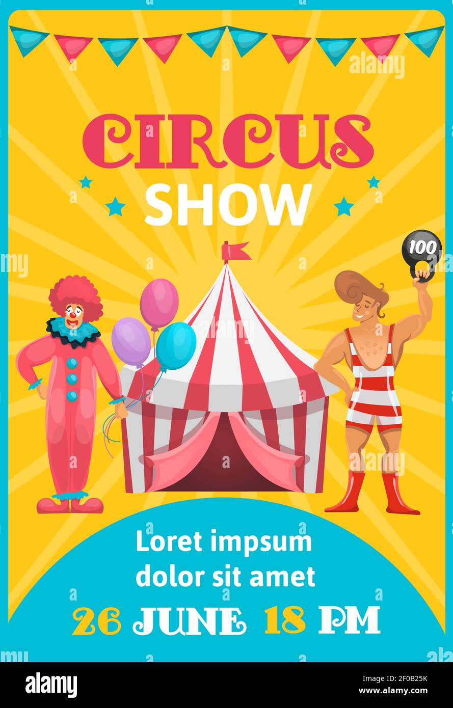 Zirkus Werbeplakat bunt mit Zeichentrickkünstler editierbaren Text und Ereignisdatum auf orange blauer Hintergrund Vektorgrafik Stock Vektor