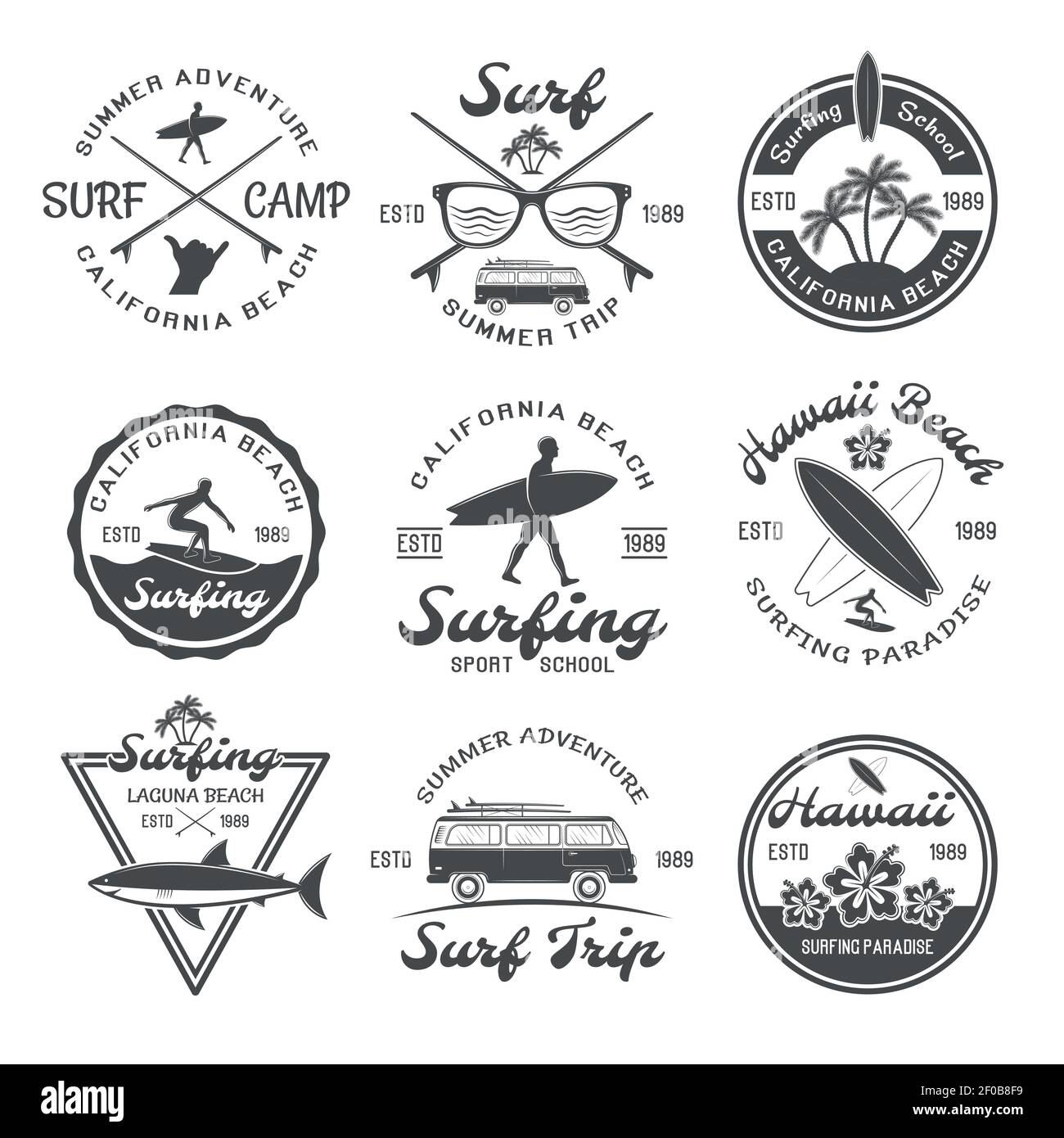 Surfen Emblem mit Beschreibungen der Sommer Abenteuer California Beach gesetzt Surf Camp Surf Sommerausflug zum Beispiel Vektor-Illustration Stock Vektor