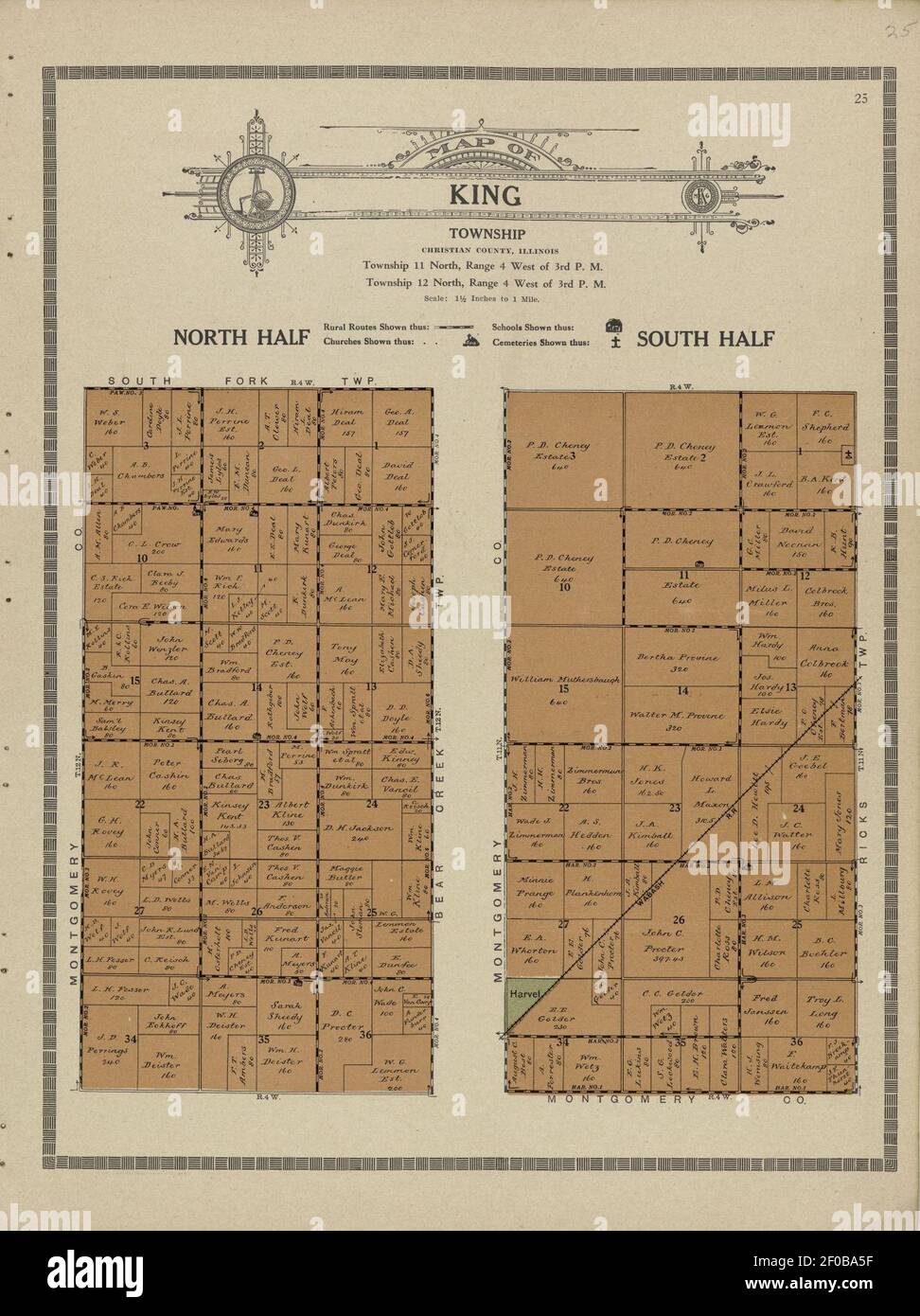 Plat Buch und komplette Übersicht über Christian County, Illinois - mit Plats aller Townships mit Namen der Eigentümer, auch skizzieren Karte der Grafschaft zeigt Lage der Townships, Dörfer, Straßen, Stockfoto