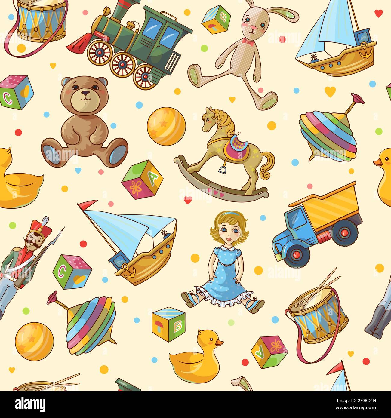 Kinder Spielzeug nahtlose Muster mit isolierten farbigen verschiedenen Spielzeug Symbol Auf hellgelber Vektorgrafik einstellen Stock Vektor