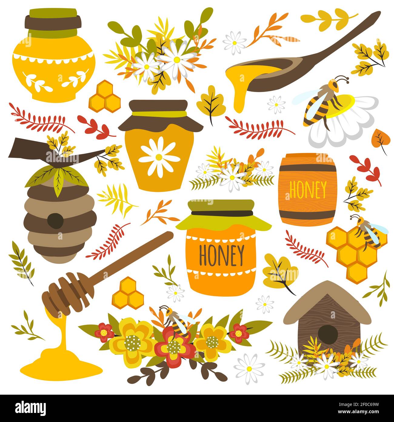 Honig handgezeichnete Elemente mit Bienen auf Blumen Waben Löffel Bienenglas  Gläser Barrel isoliert Vektor-Illustration Stock-Vektorgrafik - Alamy