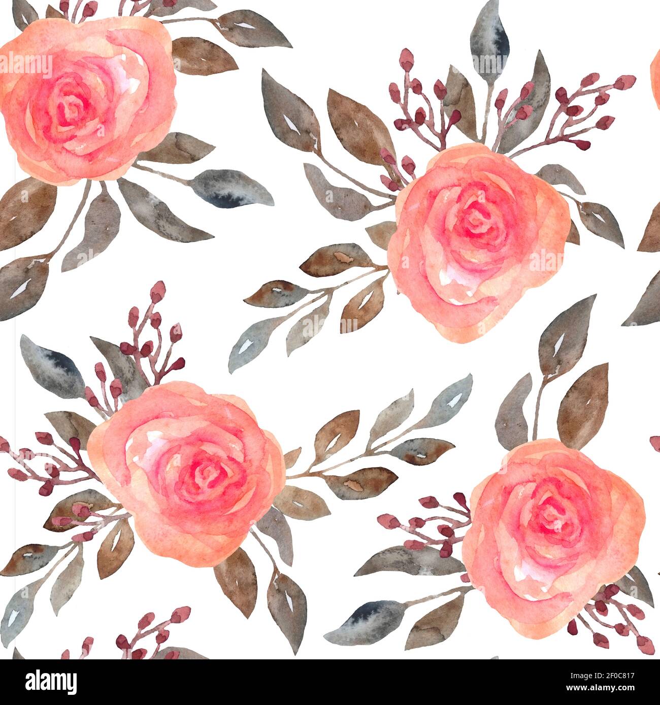 Aquarell nahtloses Muster aus rosa erröten Rosen Blumen und grau braun neutral verblasste Blätter. Blumensträuße, Blütenblätter blühen. Elegante Gartenblüten für textile Hochzeit Einladungskarten Tapete. Stockfoto
