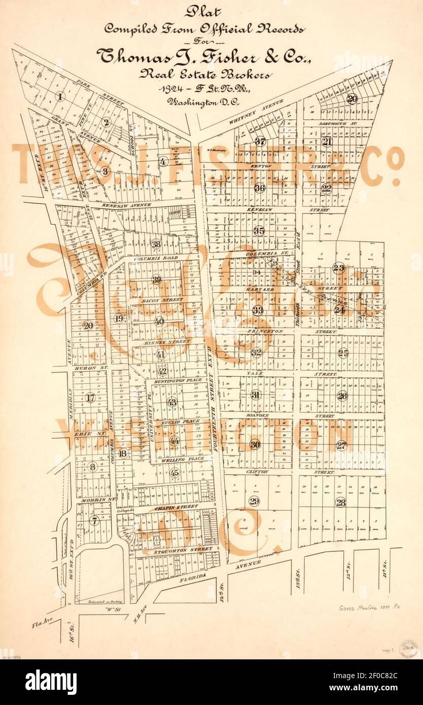 Plat zusammengestellt aus offiziellen Aufzeichnungen für Thomas J. Fisher & Co., Immobilienmakler - 1324-F St. N.W., Washington D.C. - (Teile von Mount Pleasant, Meridian Hill, und Columbia Heights, Washington Stockfoto