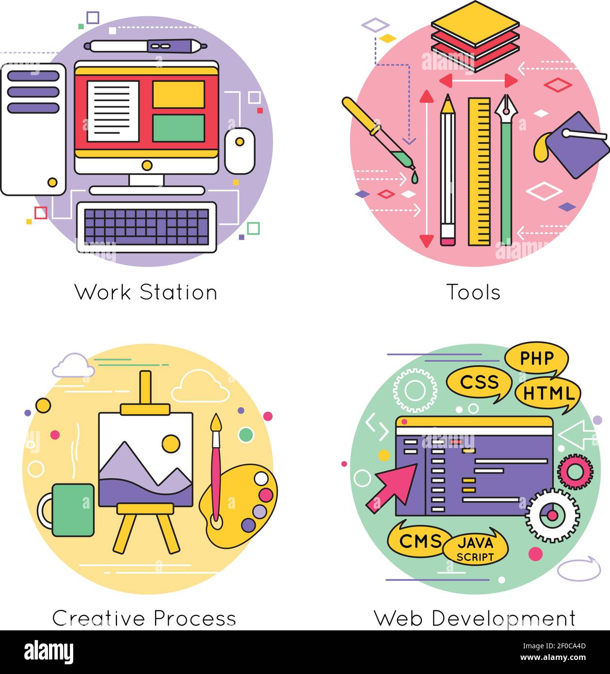 Vier isolierte runde Web-Design-Linie Symbol auf Arbeit gesetzt Station Tools kreativen Prozess und Web-Entwicklung Themen Vektor-Illustration Stock Vektor