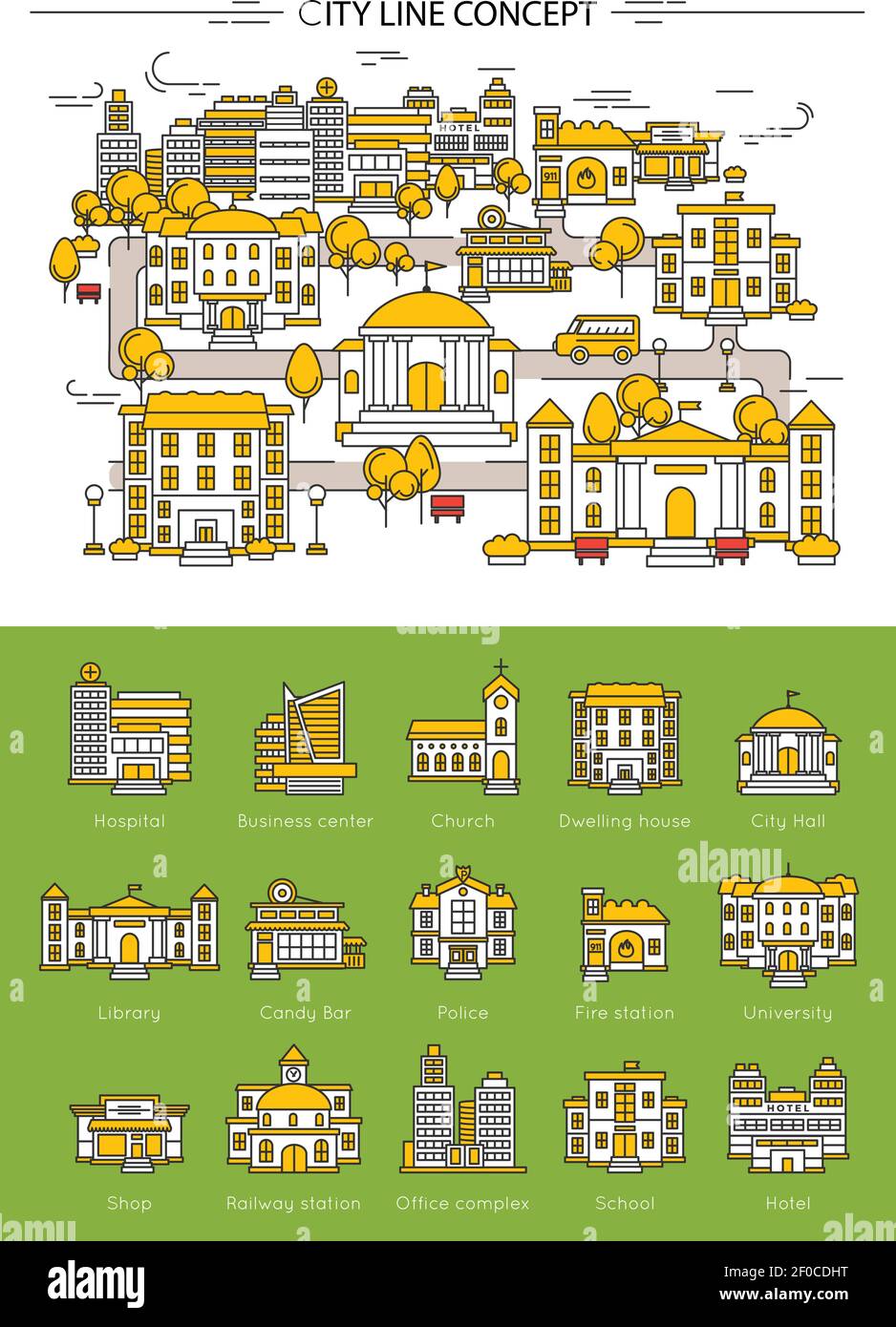 Building Line Konzept mit verschiedenen Arten von Gebäuden in der Stadt Krankenhaus Bibliothek Hotel Schule Vektor Illustration Stock Vektor
