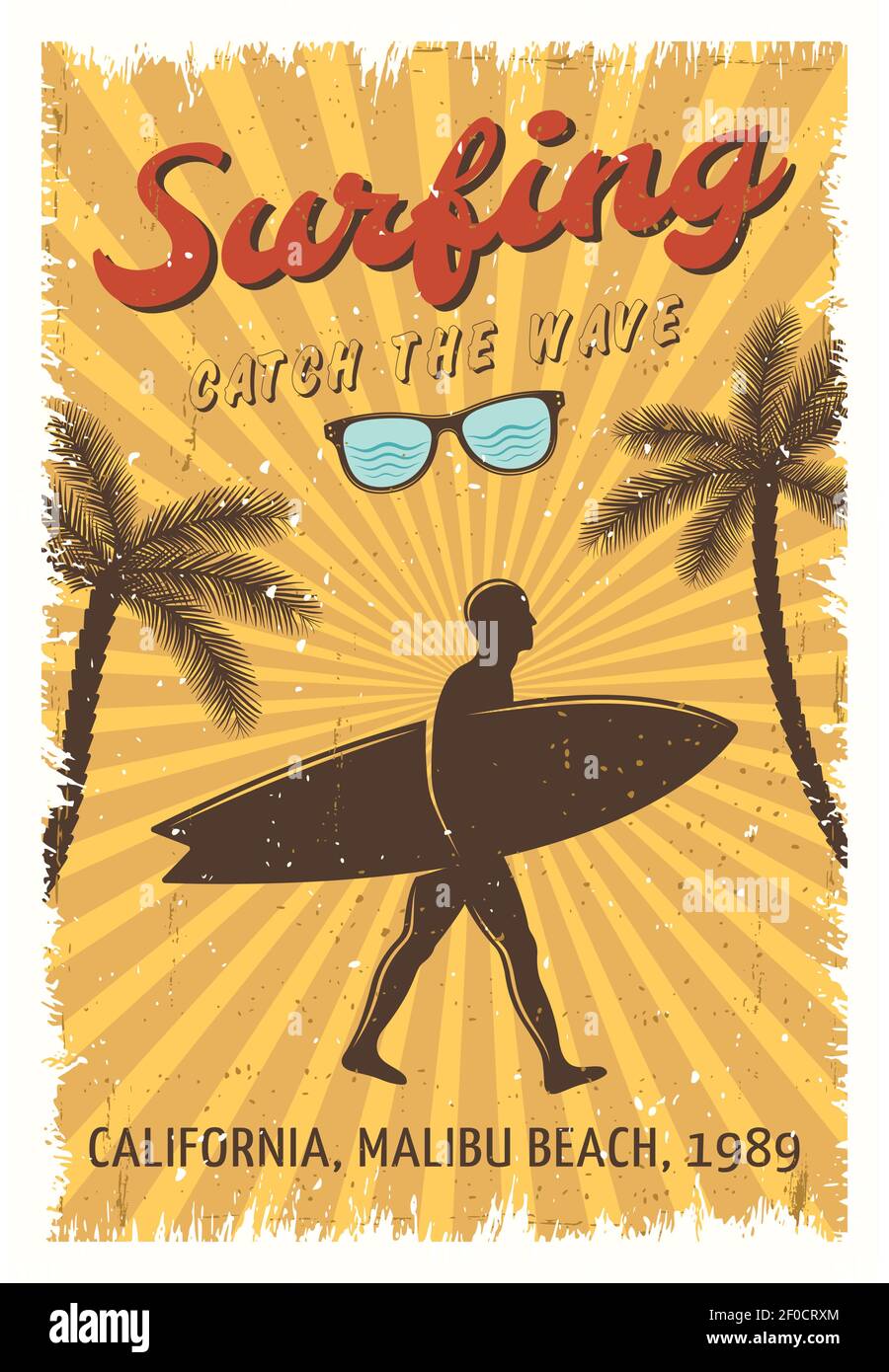 Surfen Retro Poster mit Mann zu Fuß am Strand und Headline Surfen fangen Sie die Welle Vektor Illustration Stock Vektor