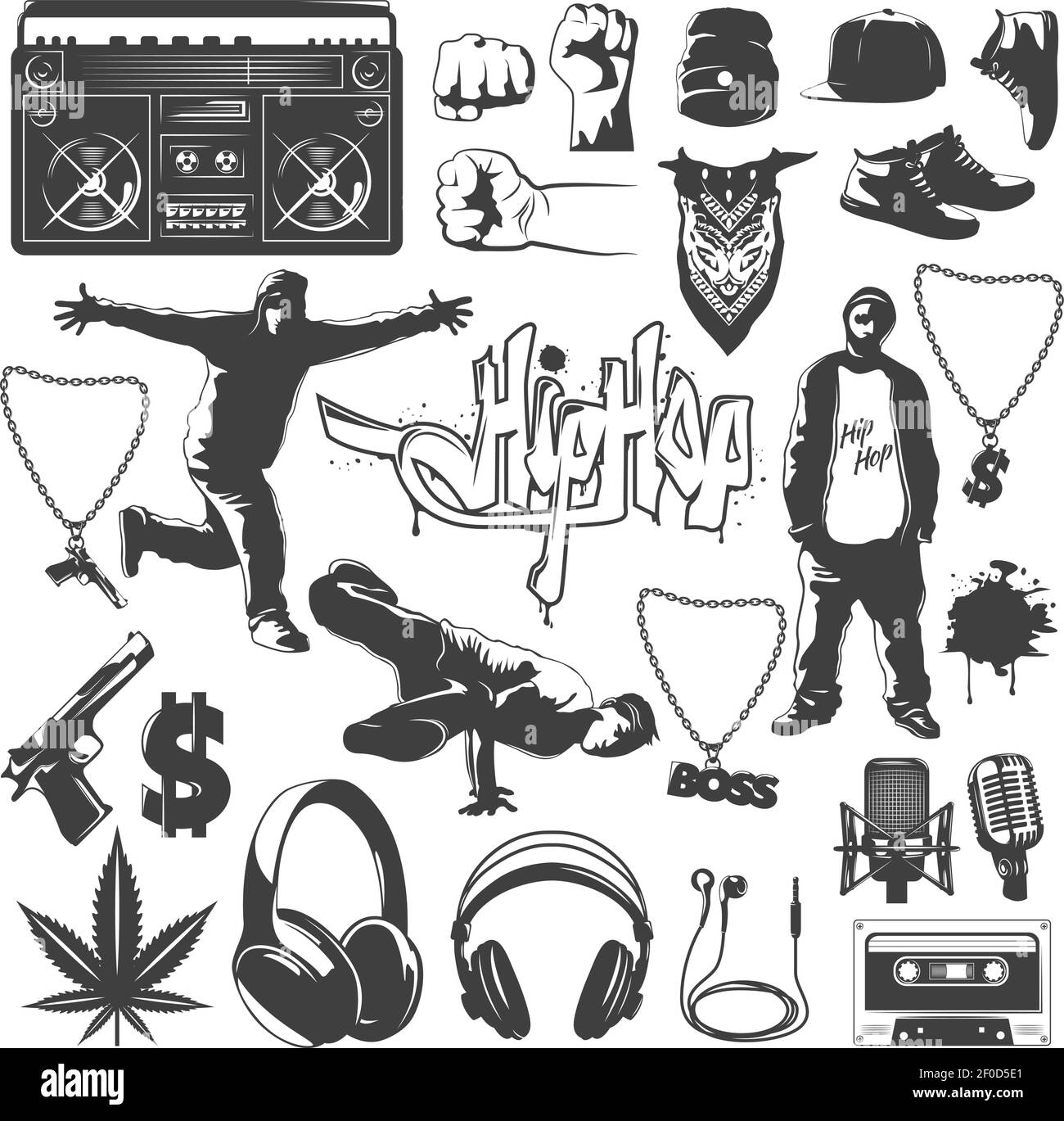 Schwarz isoliert Hip-Hop-Symbol setzen Attribute und Zubehör auf Erstellen Sie eine Vektordarstellung im Hip-Hop-Stil Stock Vektor
