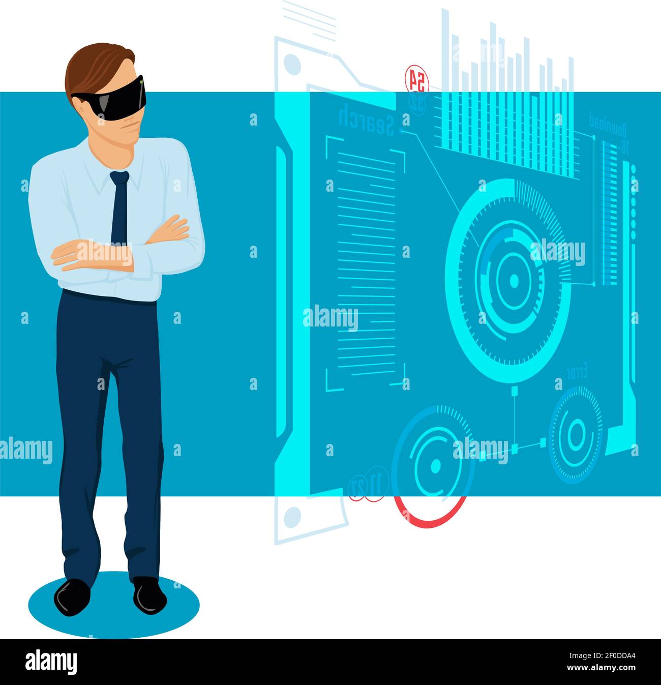 Farbenfroher Hintergrund mit männlichem Charakter in formellem Kleid und VR Helm auf transparente interaktive Panel Vektor-Illustration Stock Vektor
